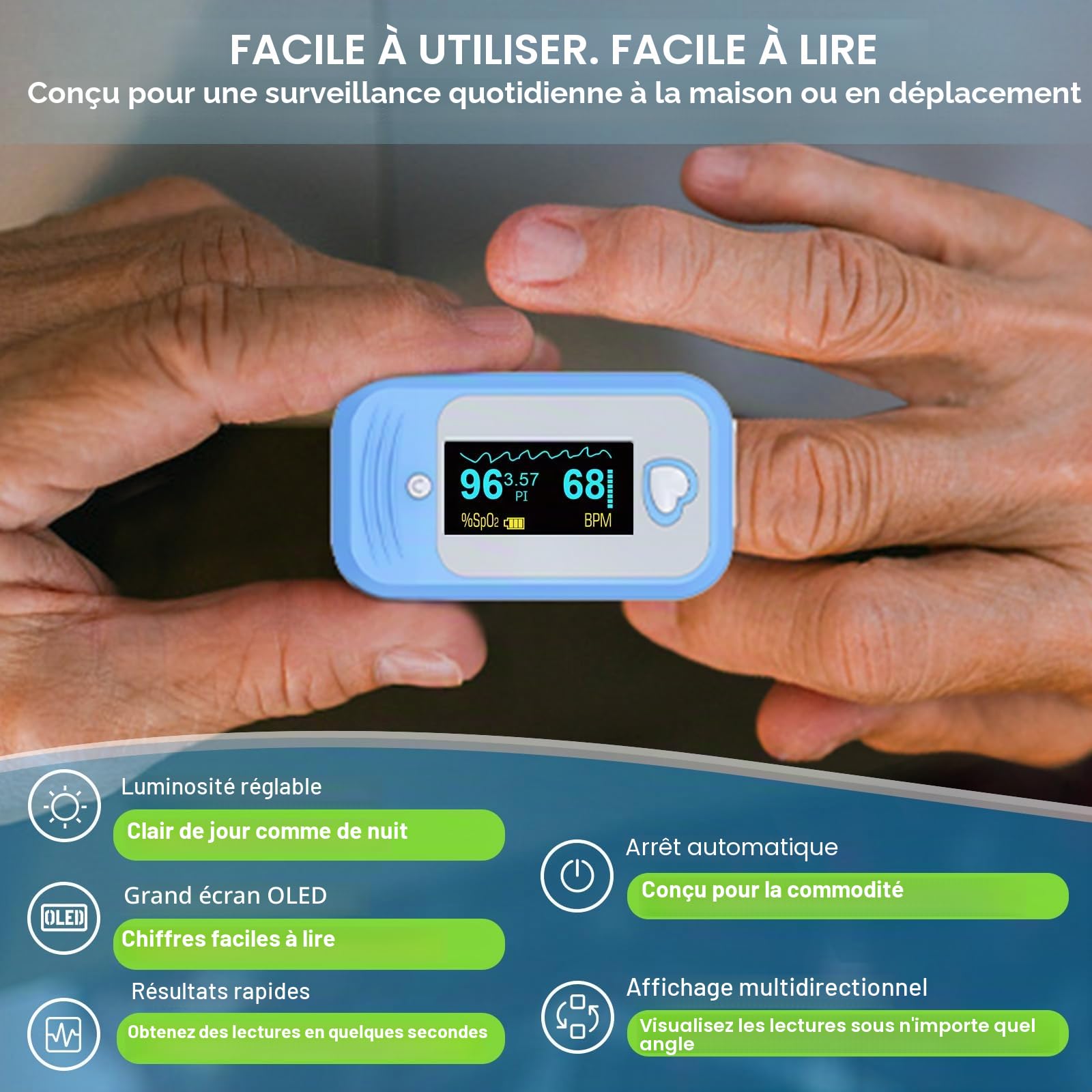 AM801 Saturomètre Oxymètre de Doigt Professionnel Certifié, Pulsomètre Cliniquement Validé, 5 en 1 Mesure de l'Oxygène Sanguin, Température, Fréquence Cardiaque, PI, PPG, Certifié CE0123