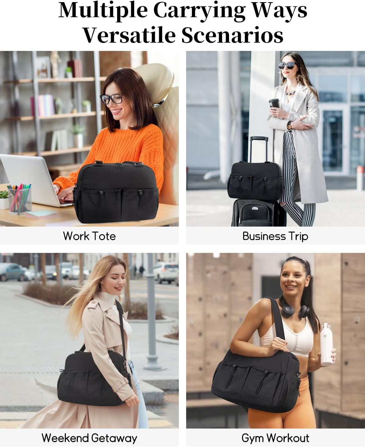 Carry On Duffle Bag with 15.6 Inch Laptop Compartment, Gym Bag for Women with Wet Pocket, Shoe Bag and Toiletry Pouch, Personal Item Travel Duffel Weekender Overnight Bags, Black - Image 5