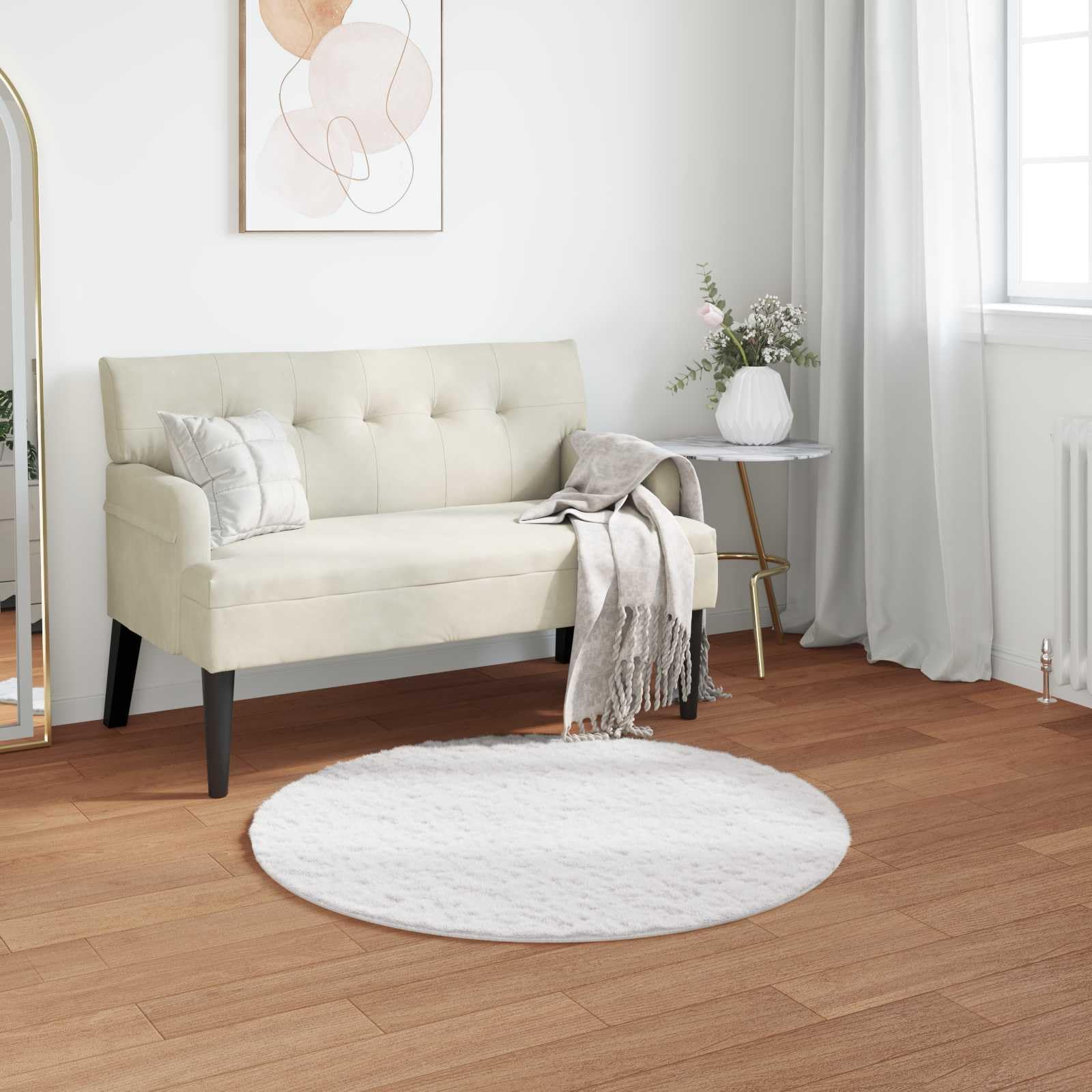 Tapis en fausse fourrure de lapin blanc rond 120 cm en polyester doux pour salon et chambre