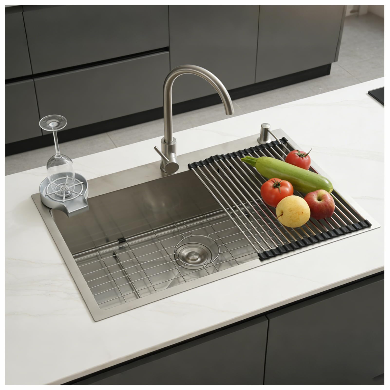 Fregadero de Cocina Profesional 80x50 de Acero Inoxidable Cepillado, Seno Único para Encimera o Empotrable, con Grifo, Escurridor, Estante, Dispensador de Jabón y Sifón - Moderno y Grande
