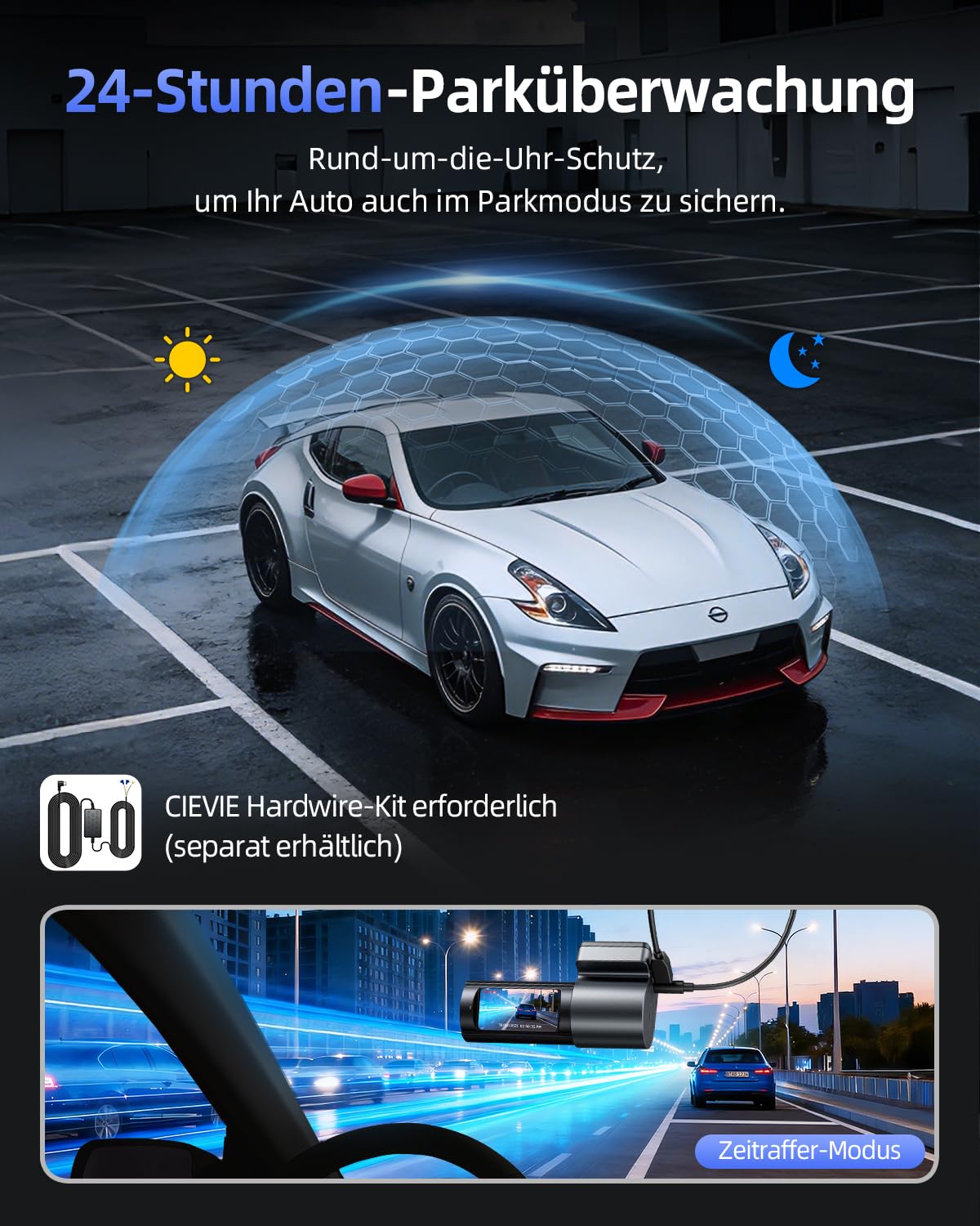 Dashcam Auto Vorne Hinten 4K+1080P 5.8GHz WLAN 170° Weitwinkel 64GB SD Karte G-Sensor 24h Parküberwachung Nachtsicht 1,5" Display