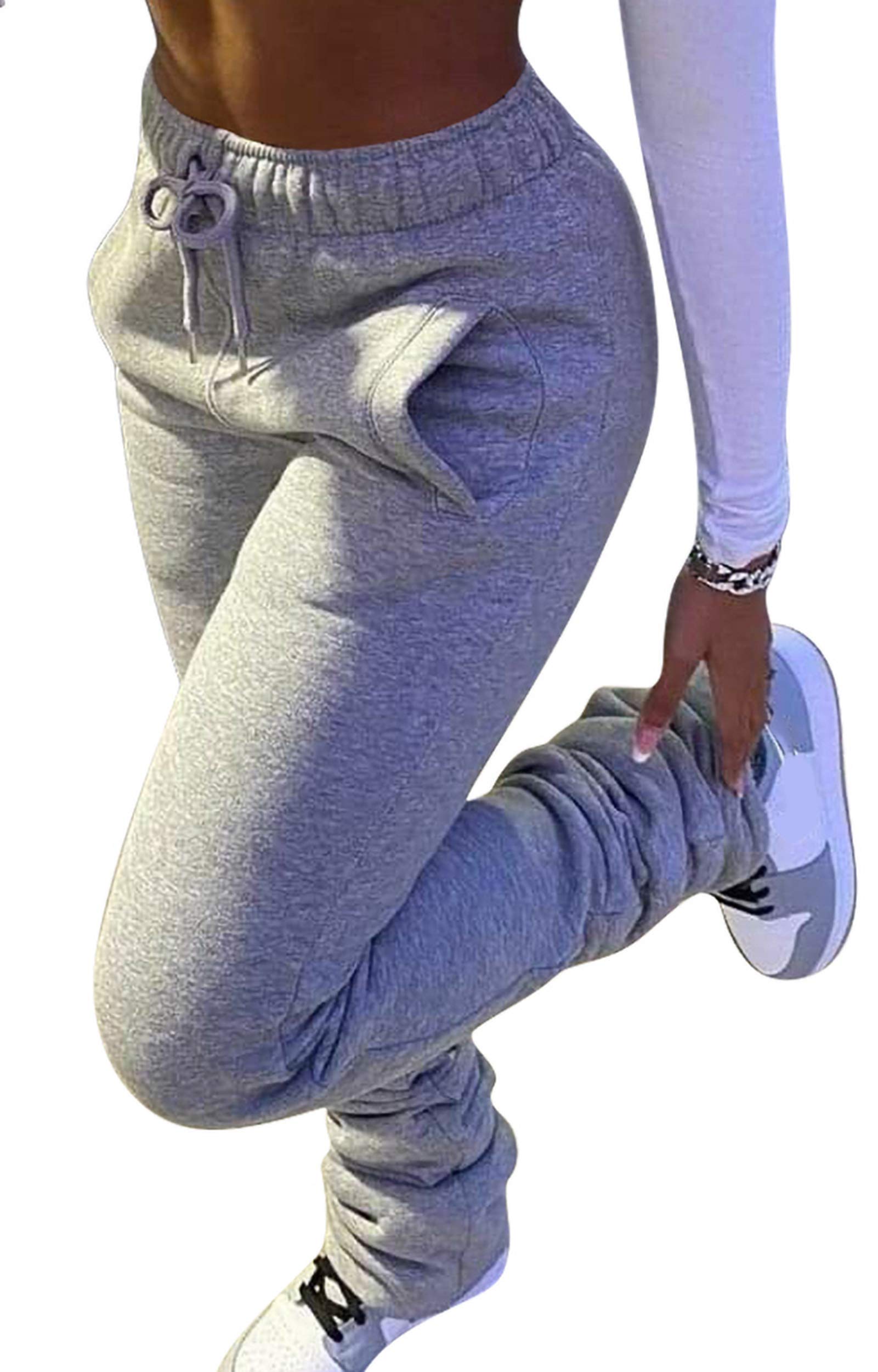HuiSiFang Women Stacked Pants Fleece Sweatpants Thicked Warm Jogging Casual Ruched Workout Active Jogger Pants