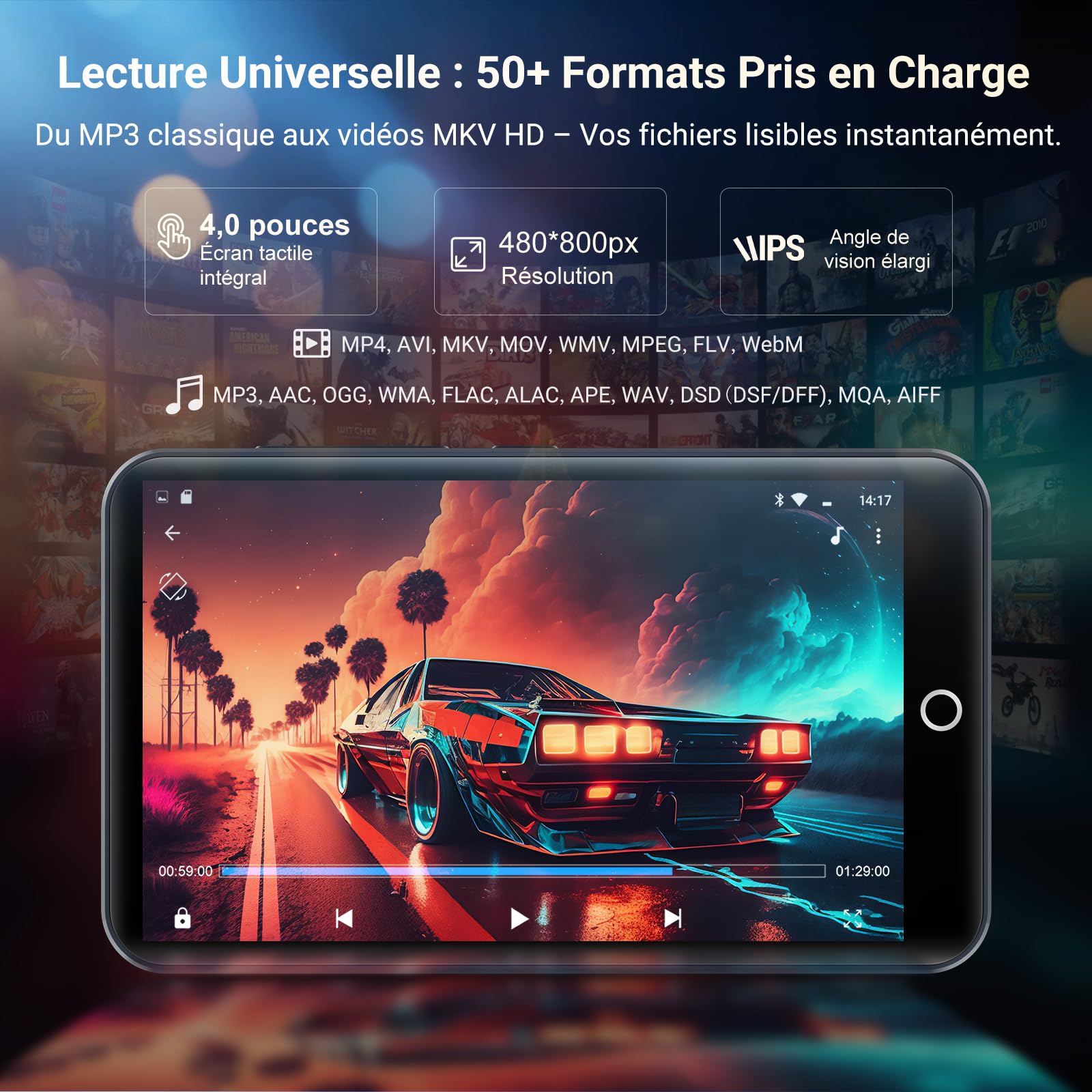 MECHEN 96 Go Lecteur MP3 Android WiFi Bluetooth Écran Tactile 4 Pouces Batterie 2000mAh 1 To Extensible