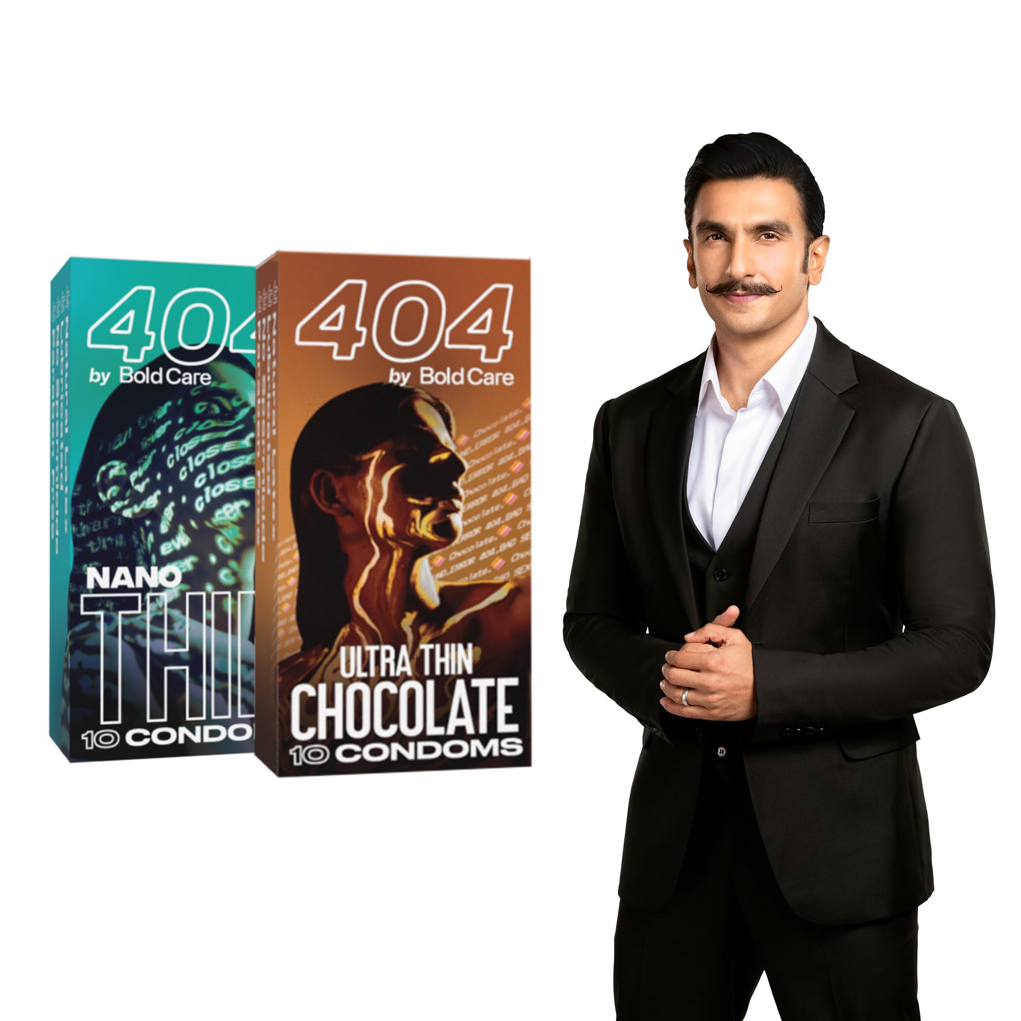 404 Super Nano Thin Condoms For Men - 50 Microns - 10 Units - Intense Fit - Barely There Feel + Bold Care 404 Super Ultra Thin Chocolate Flavored Condoms For Men - 60 Microns - 10 Units
