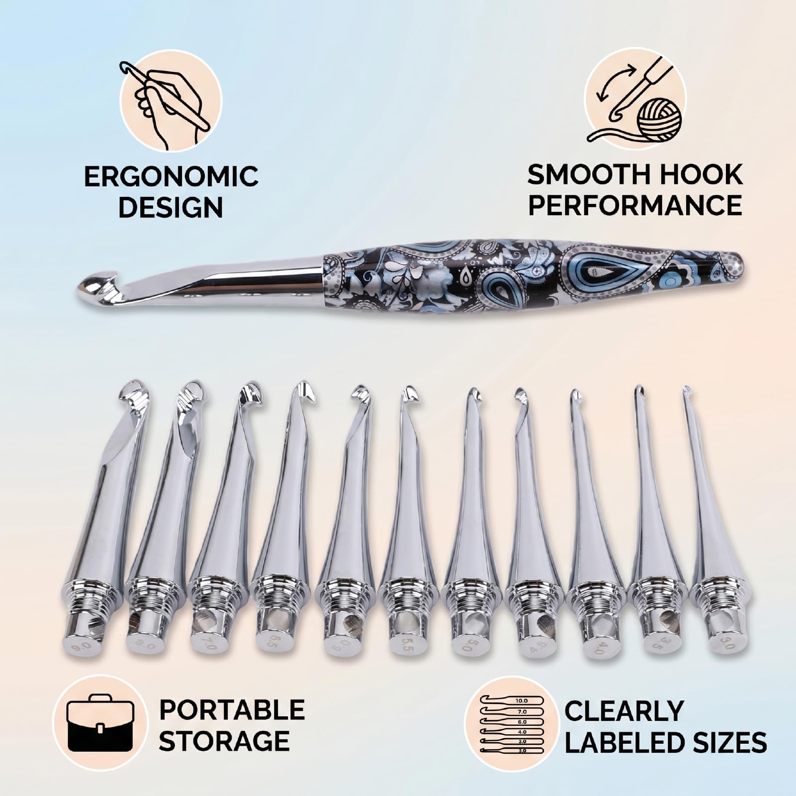 Haofy Zestaw Szydełek 12 szt., 3,0-10,0 Mm, Ergonomiczne Aluminiowe | Miękkie Uchwyty 10 Cm zmniejszają Napięcie Stawów, 7 Cm Wypolerowane Trzpienie zapobiegają Rozdwajaniu, Etui Podróżne PU z