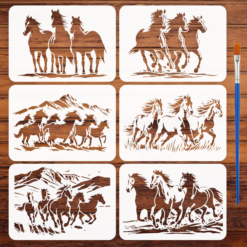 FINGERINSPIRE 6PCS Herd of Horse Stencils with Paint Brush 21x29.7cm Reusable Running Horse Silhouette Drawing Template DIY Meadow Grass Mountains Stencil Animal Theme Template for Decoration