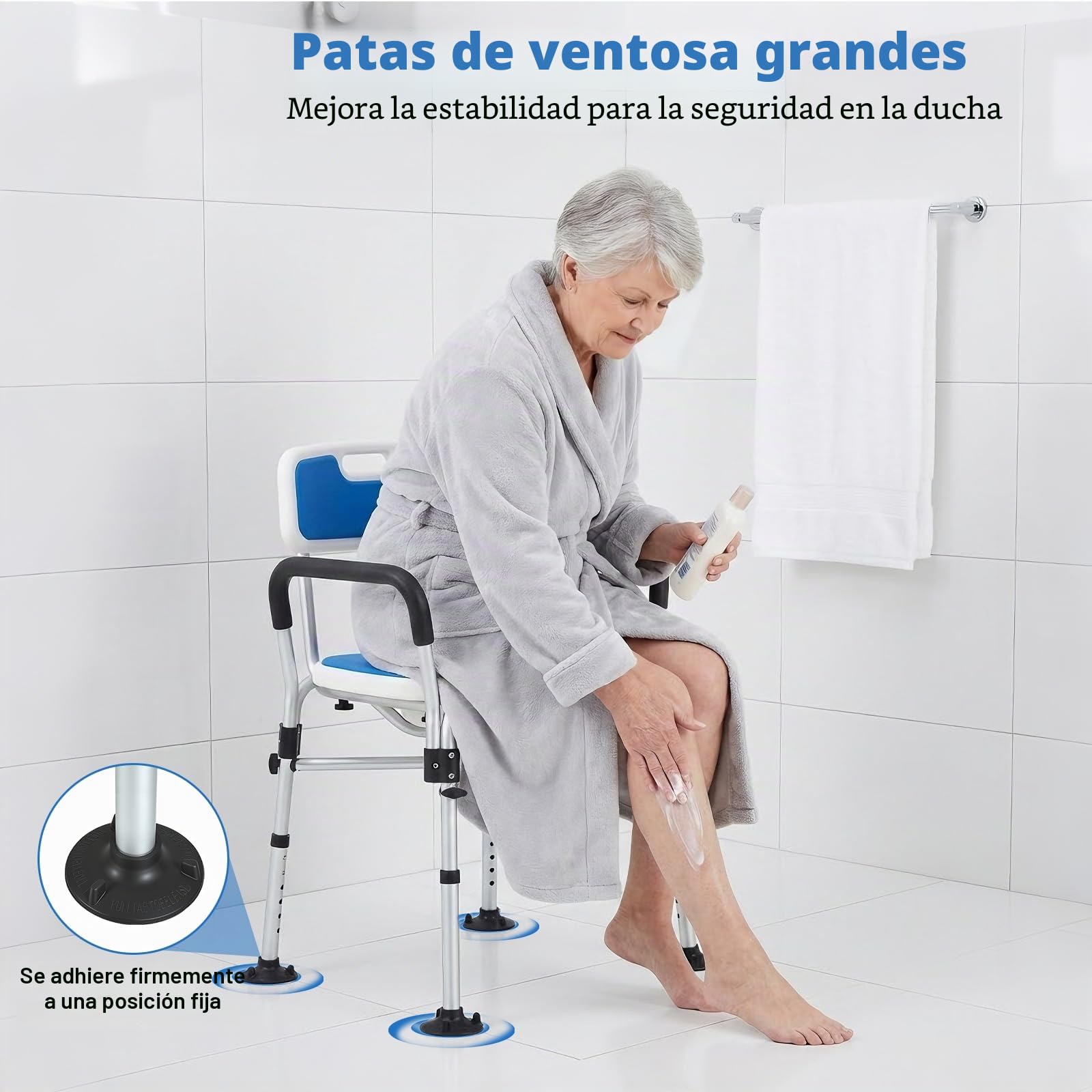 Silla de Ducha para Personas Mayores Silla de Ducha Plegable Reposabrazos y Respaldo Antideslizante, Altura Ajustable Capacidad de Carga de 150kg Silla de Baño con Diseño Cóncavo 3D