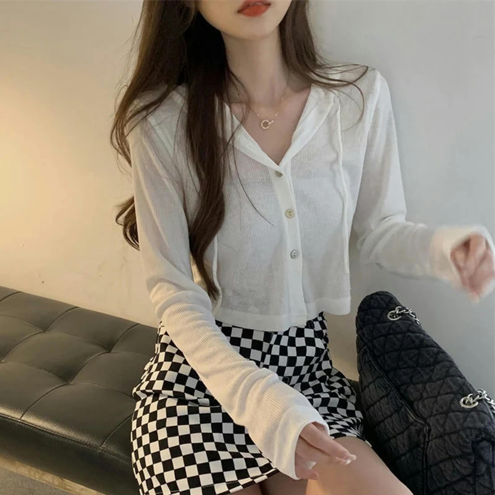 Top Mujer Sudaderas De Punto con Capucha De Punto De Verano Sudaderas Callejeras Femeninas con Una Sola De Blusas De Punto De Manga Femenina-Blanco-s