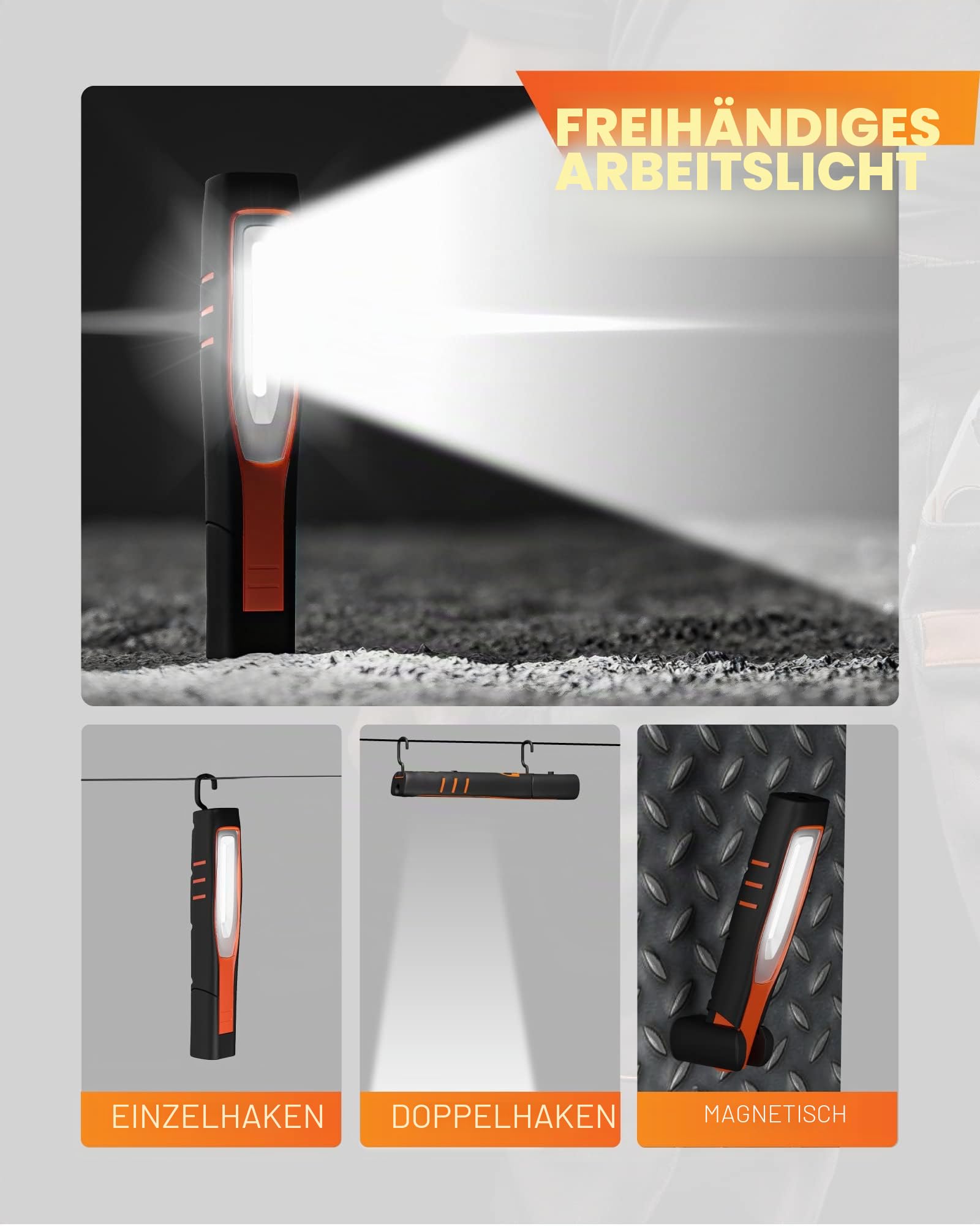 ENUOTEK 7W LED Baustrahler Arbeitslampe | IP65 Dimmbar, Werkstattleuchte Taschenlampe Inspektionsleuchte LED, mit Magnet und Zwei Haken, Hohe Helligkeit 700Lm