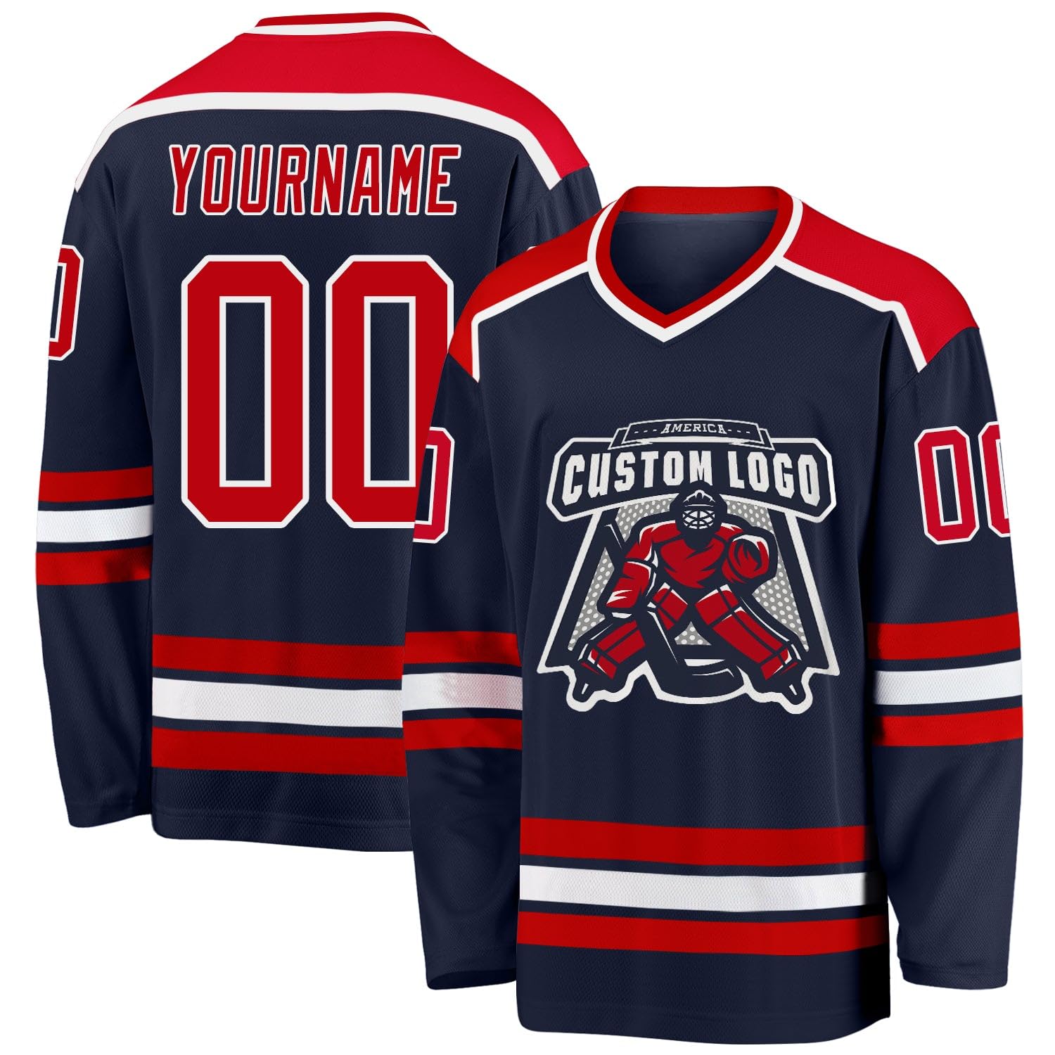 Custom Name Number White Red-Gold Hockey Jersey, Personalized Team V-Neck Sports Hockey Jersey for Men Women Youth