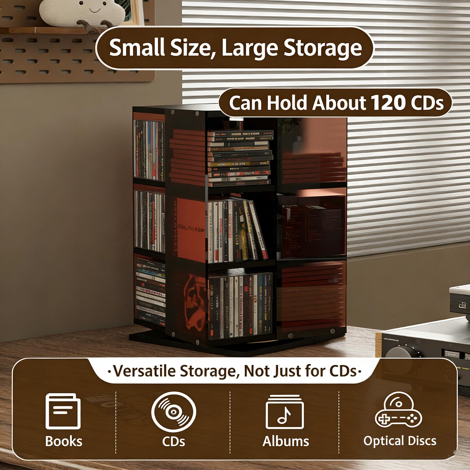 360° Drehbarer DVD-Turm, Schallplatten-/CD-Regal, 4-seitiger Präsentationsständer, Leichtgängige Drehung, Platz Für Bis Zu 120 CDs, Einfache Montage, Für CDs, DVDs, Bücher Und Zeitschriften