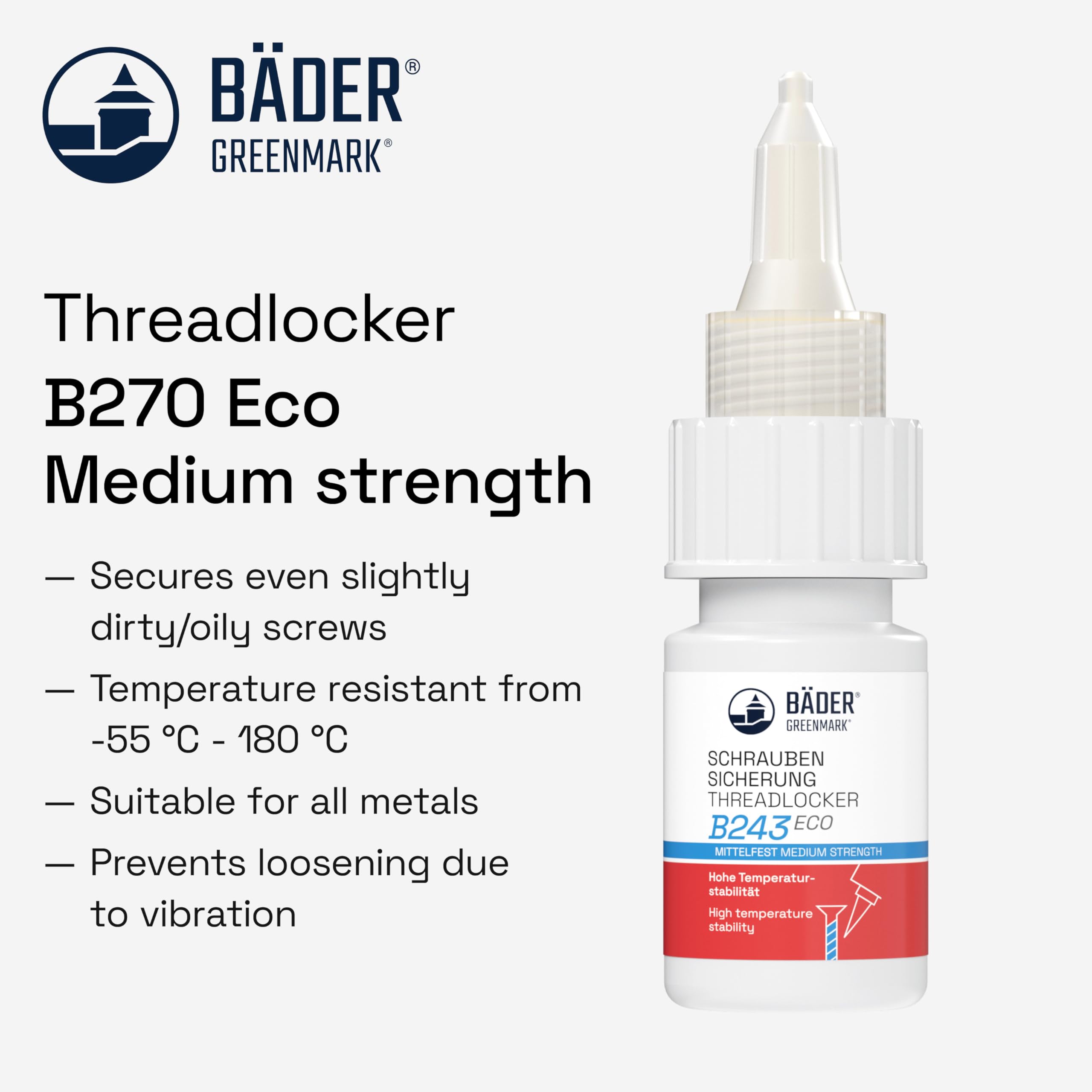 BÄDER threadlocker B243Eco Medium Strength Blue 10ml Bottle - high Temperature Resistant, Fluorescent - Works on All Metals and Threads, for Large Threads