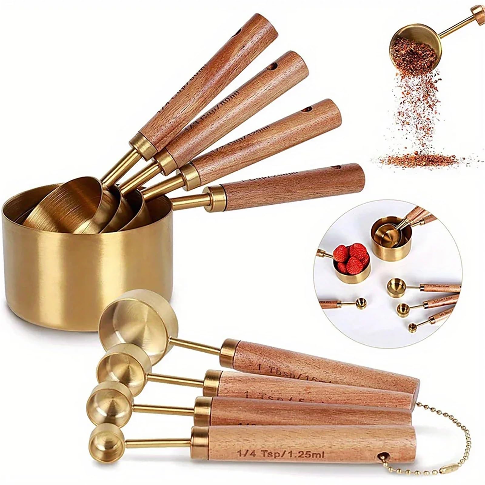 8 Stück Messbecher Löffel aus Edelstahl | Goldfarbener Holzgriff, Backutensilien, Kaffee-Barkeeper-Skala, Küchenzubehör-Set