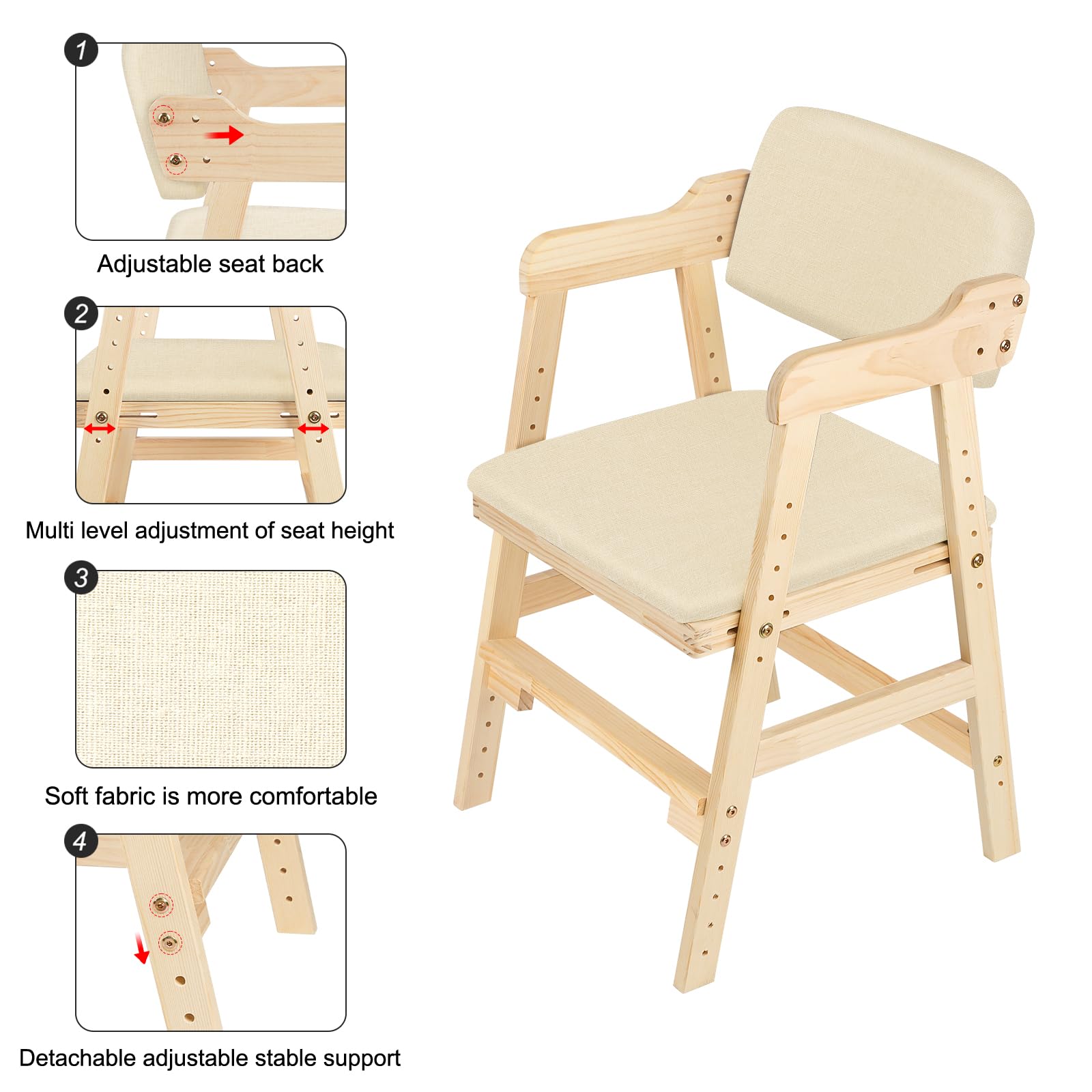 Seggiolone Pappa in Legno, Sedia da Bambini per Studio e Mangiare, Altezza Regolabile da 35 a 51 cm, Carico da 90KG, per Bambini 8+ Mesi (48 * 46 * 78 cm - Beige (1 pezzo))