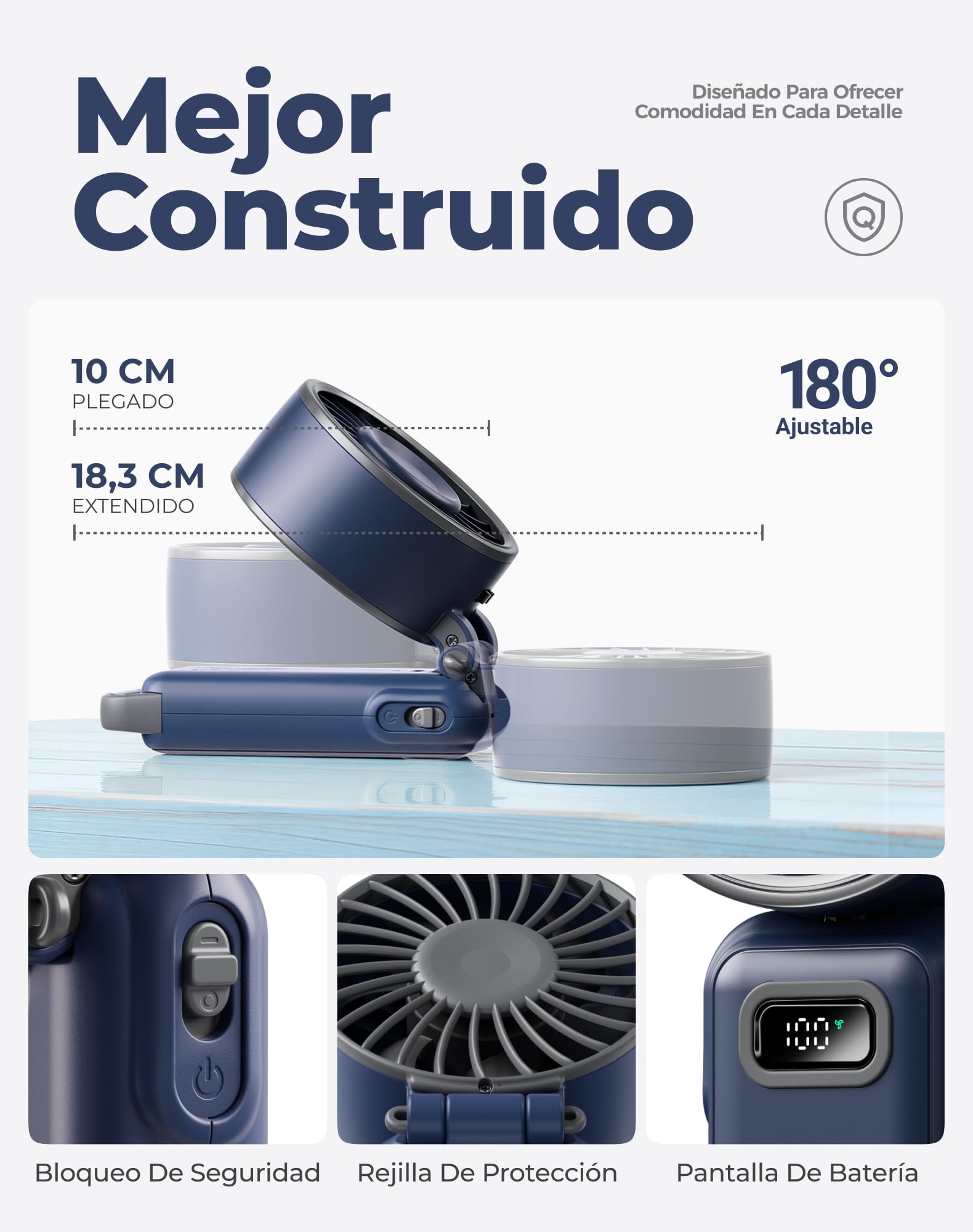 Diveblues Ventilador de Mano Turbo Portátil, 100 Velocidad, Flujo de Aire Potente de 7,4 m/s, Mini Ventilador Plegable 180° 4-en-1 para Mano, Cuello o Mesa, Recargable para Verano, Viajes y Exterior