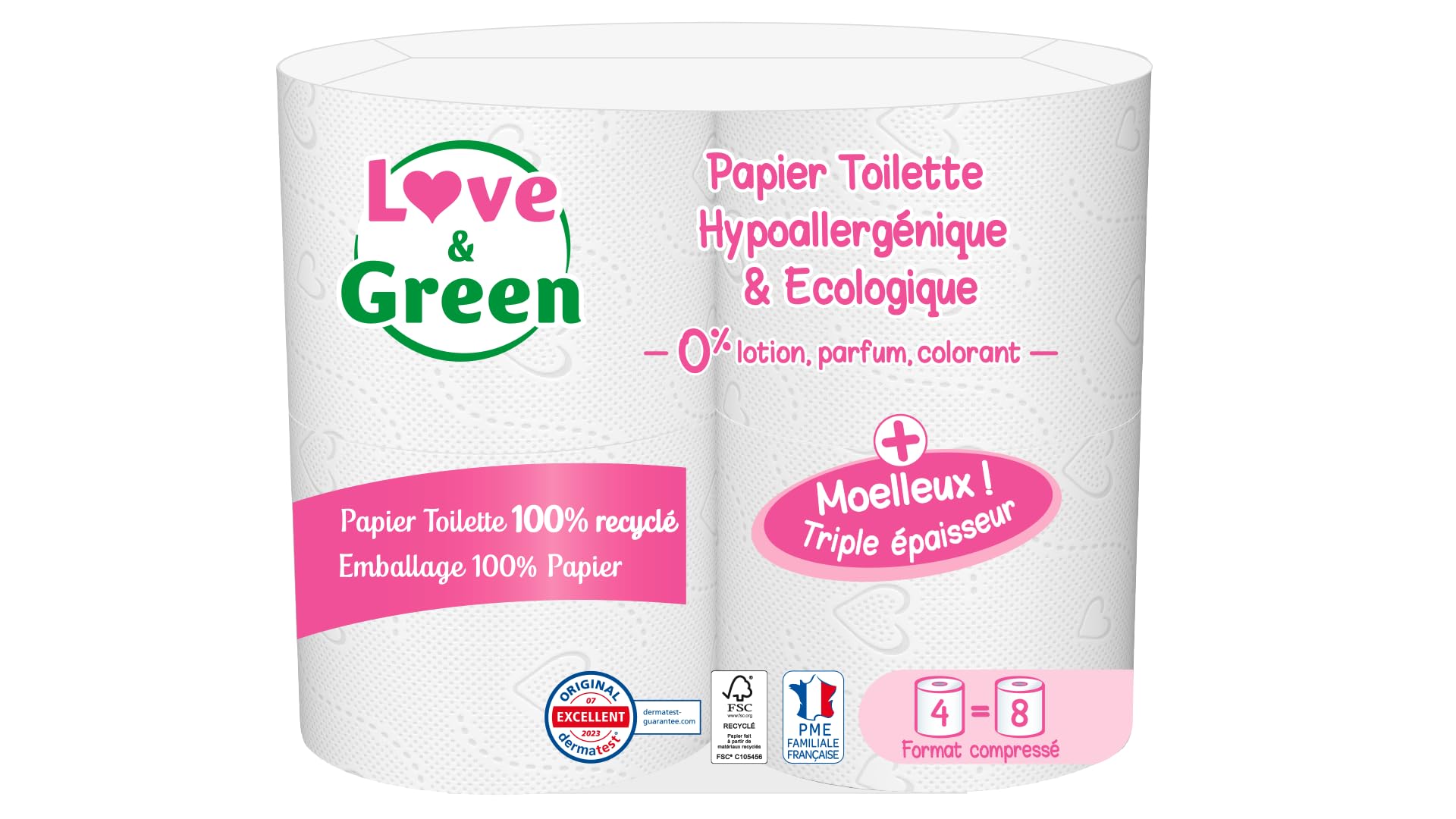 Love & Green - 3-lagiges Toilettenpapier – 3-lagig – hypoallergen (Dermatest zertifiziert) und umweltfreundlich (FSC-zertifiziert) – 4 komprimierte Rollen : 8 (Packung mit 4)