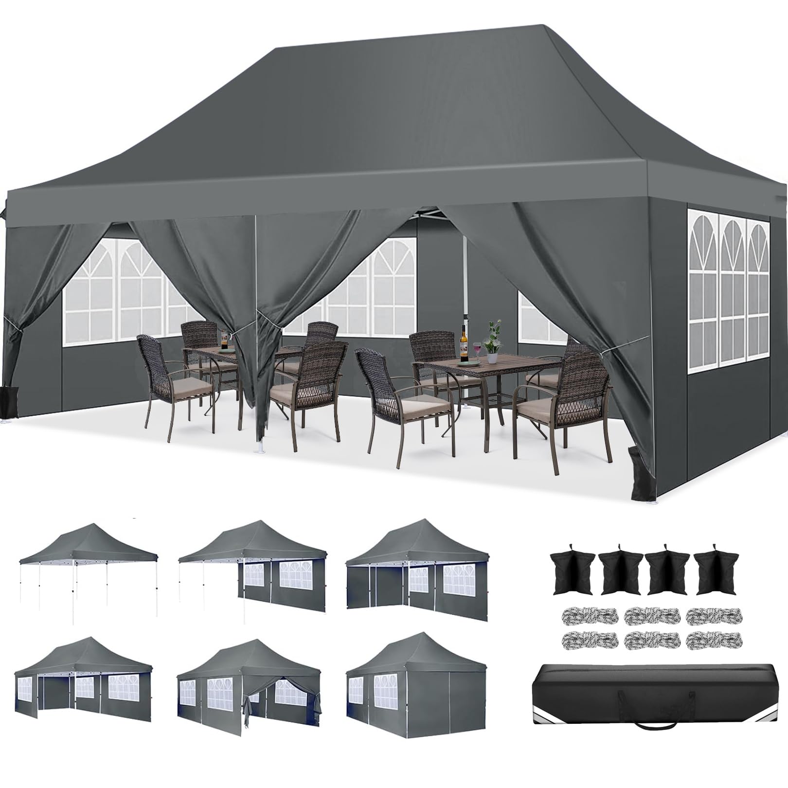 COBIZI Canopy 10x20 Pop Up Canopy Tent with 6 Sidewalls, Waterproof Commercial Canopy Ez Outdoor Instant Gazebo UV Protection 50+ Event Shelter, Garden Tents for Parties with Sandbags, Grey