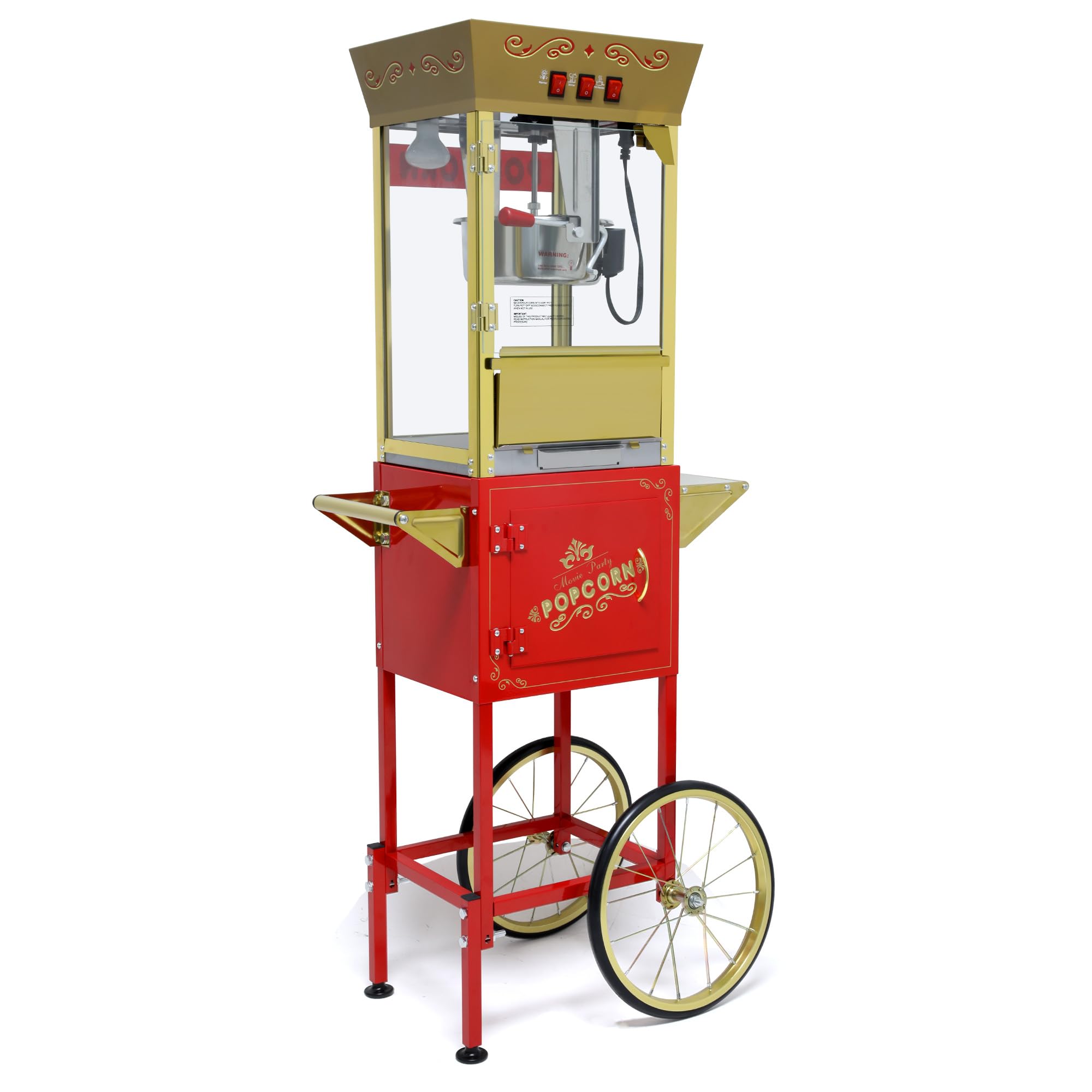 Vintage 12oz Popcorn Machine Cart with Wheels, Movie Theater Style Popcorn Maker with 850W Stainless Steel Kettle, Tempered Glass, Storage Cabinet, Accessories Included, Home Commercial Use (Red)