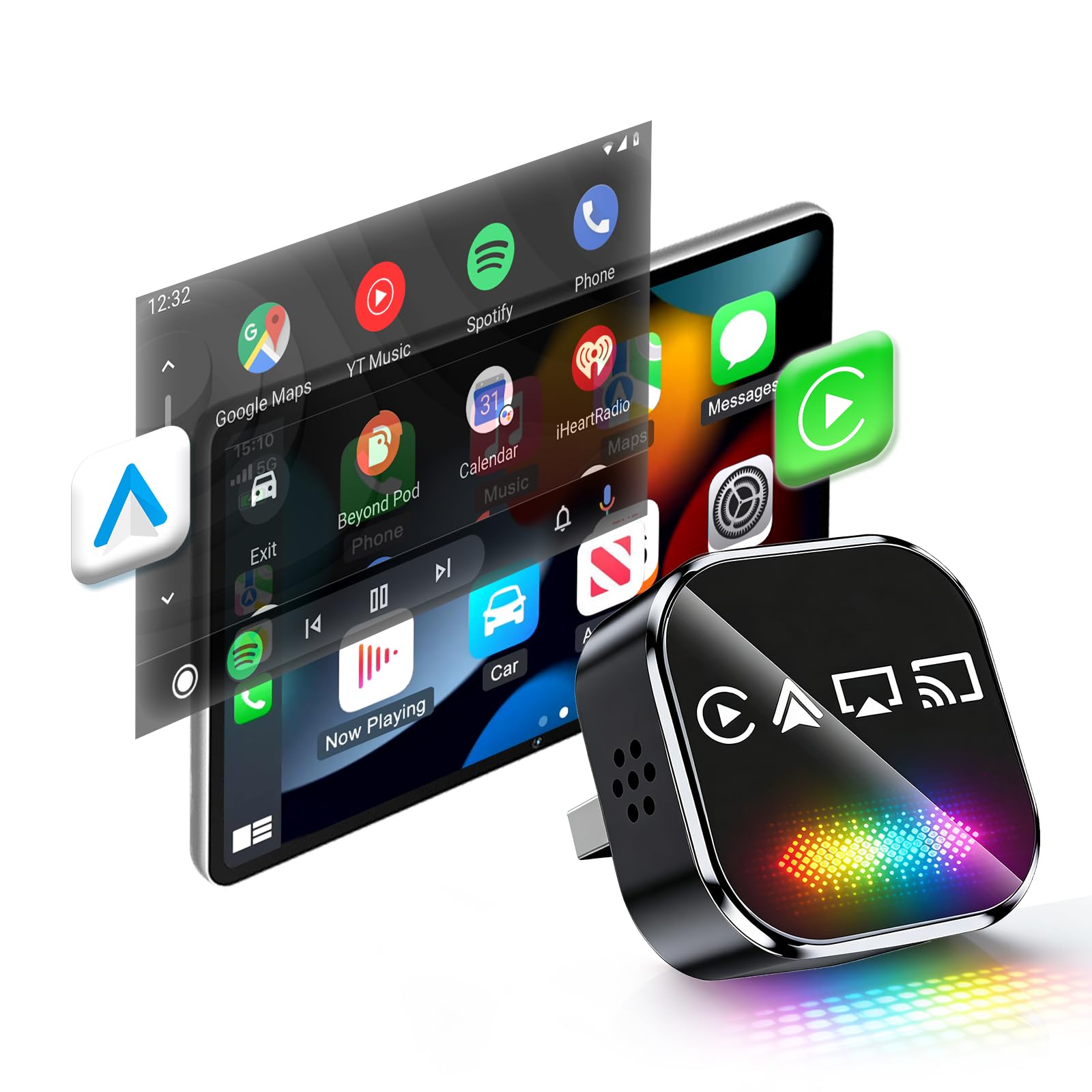 auvstar Adaptateur CarPlay & Android Auto sans Fil, 2026 Optimisé 4en1 RGB Mirror Link USB/Type-C iOS 11+ Android 12+ Voitures avec CarPlay Filaire à partir de 2016