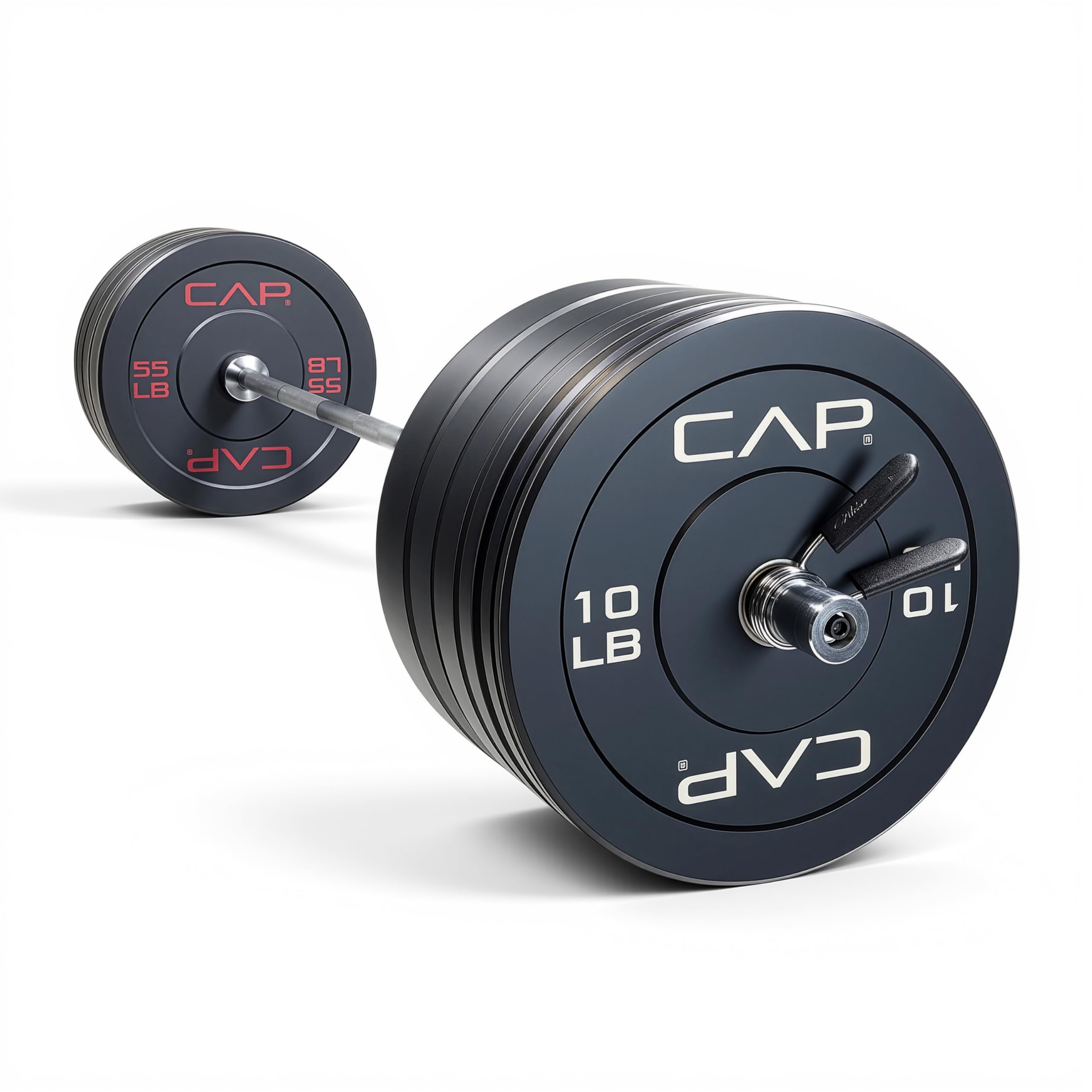 CAP Barbell 370 lb Economy Olympic Weight Set with 7ft Chrome Barbell &amp; Black Bumper Plates with Color Logo