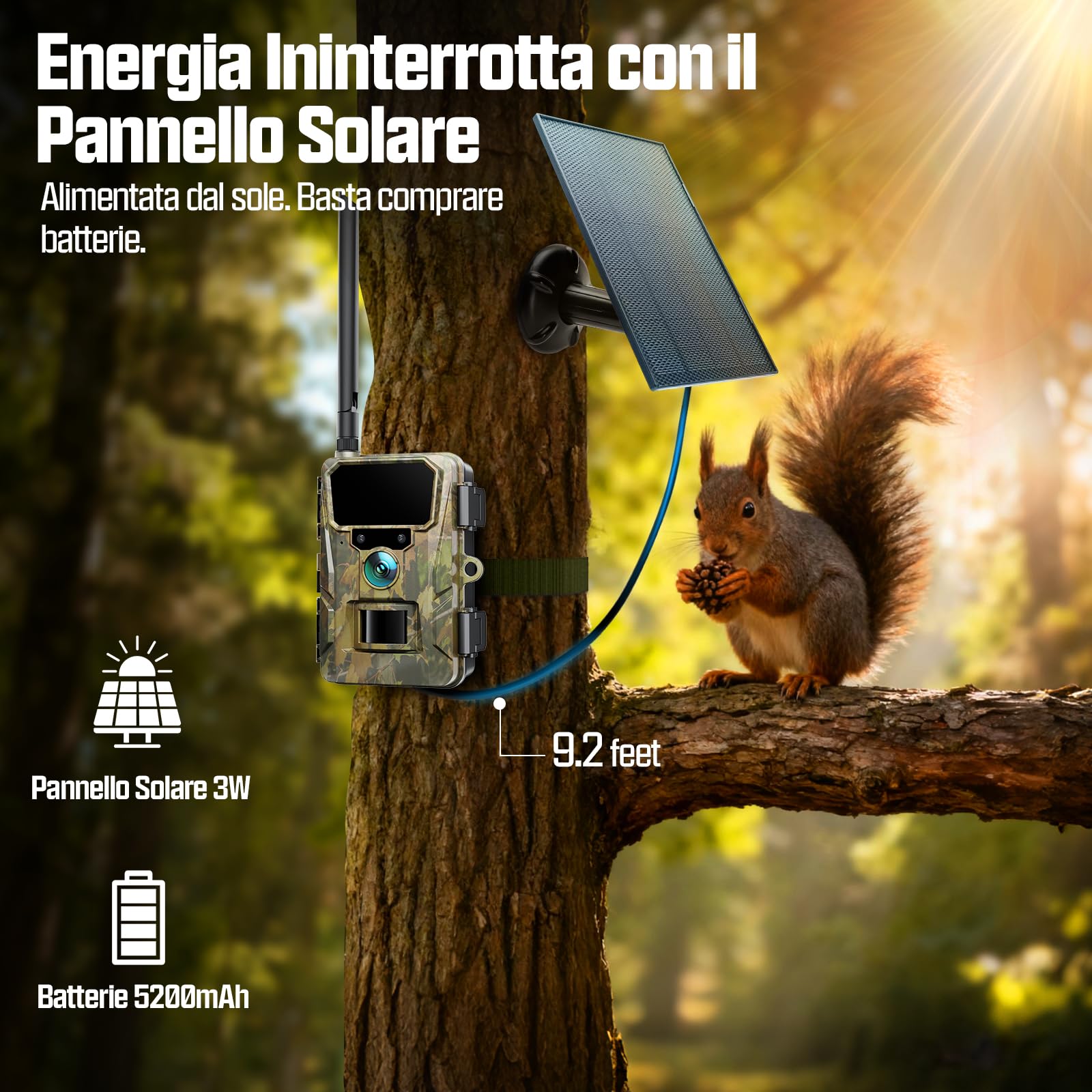 CEYOMUR 4G LTE Fototrappola Solare 48MP con SIM e TF 64GB, Batteria 5200mAh, IP66