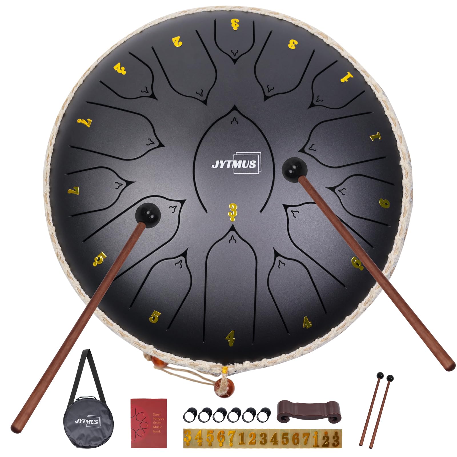 JYTMUS Steel Tongue Drum 15 Notes 13 Inches, Hand Pan Drum Kit with Music Book, Carry Bag and Accessories, C Major Tongue Drums Instruments for Adults