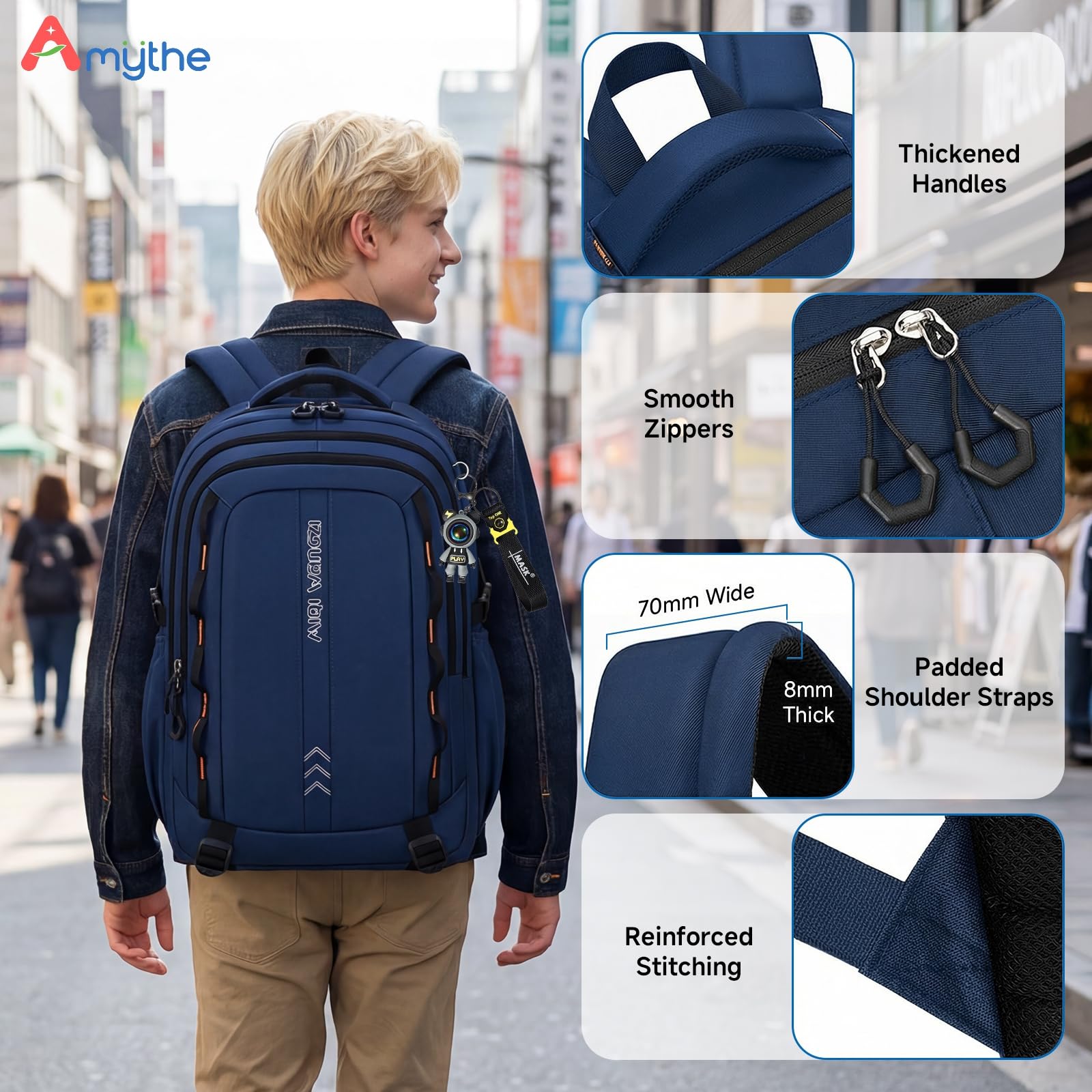 Amythe Mochila Escolar para Chicos - Mochilas Colegio Adolescentes 35L Impermeable Ligera - Mochila Tipo Casual Gran para Portátil 15,6" - Apta para Carro - 10-18 Años -Azul