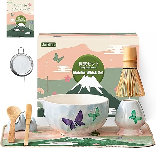 Miniatura 11 de Clay&Fire Juego de Batidor de Matcha, 9 Piezas Juego de Matcha de Cerámica, Cuenco de Matcha de 15 OZ con Pico y Batidor, Kit de Matcha para Amigo,