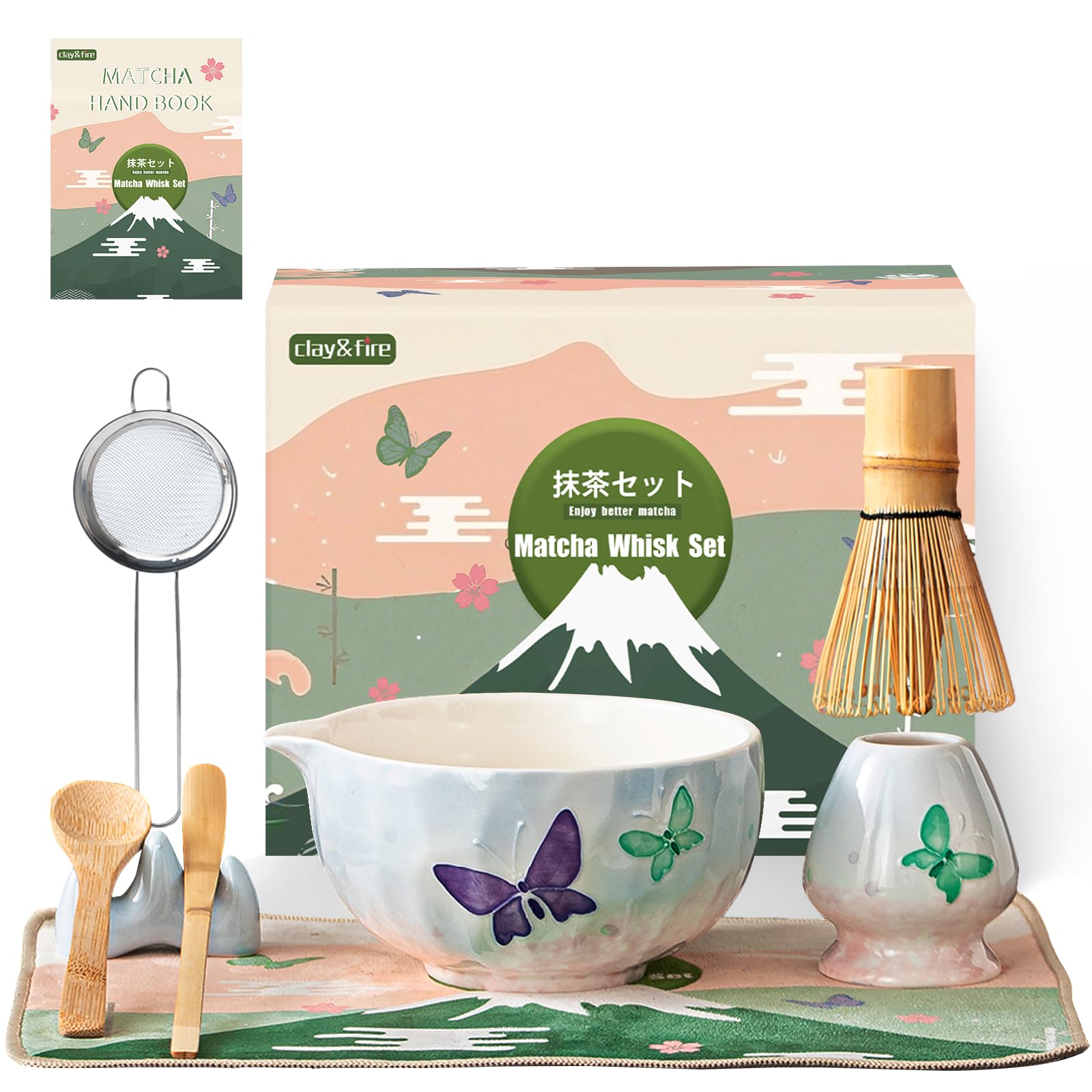 Clay Fire Matcha Whisk Set 9 Pcs Ceramic Matcha Set 15 OZ Matcha Bowl with Spout and Whisk