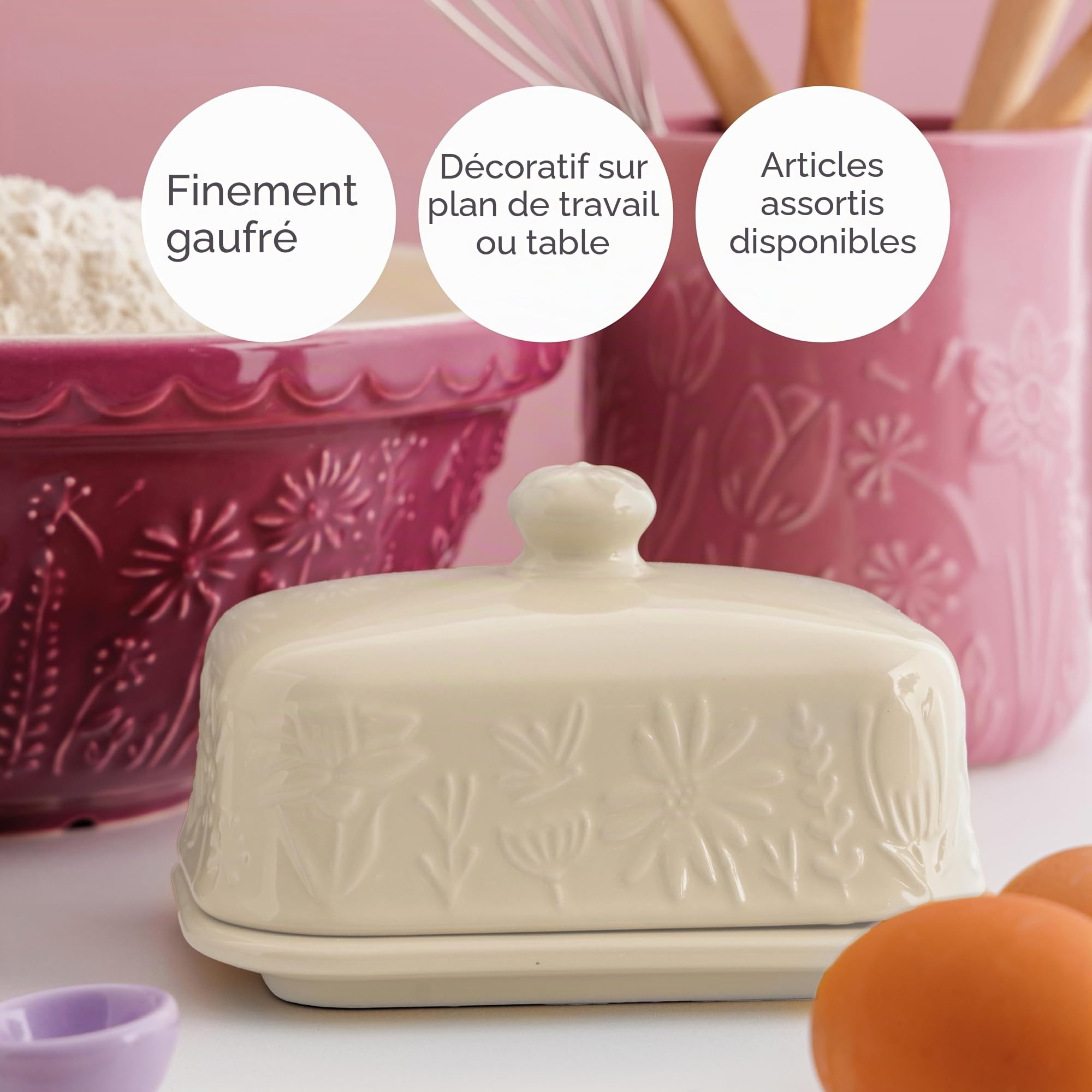 Mason Cash Beurrier In the Meadow - Motif floral en relief - En grès durable - Couvercle hermétique - Peut contenir jusqu'à 500 g de beurre - Rangement classique de cuisine et de table (9 cm H x 15,6