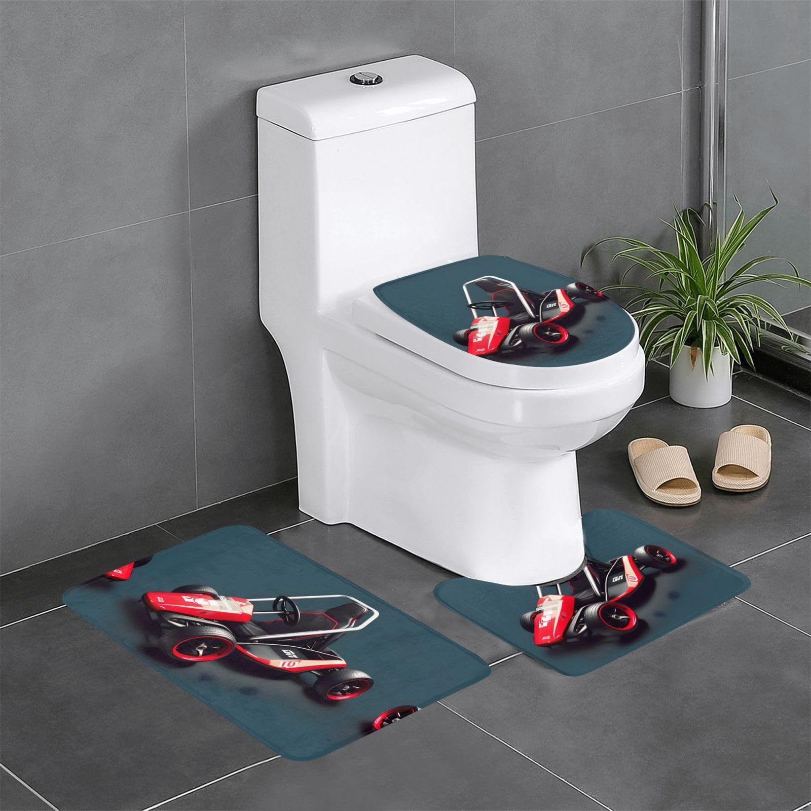 Tapis de salle de bain antidérapants mini kart pour toilettes et coiffeuse - Lot de 3 pièces