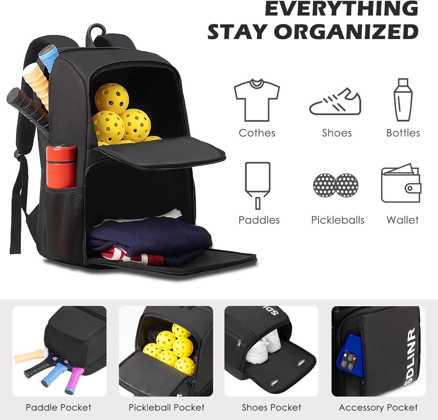 Pickleball Bag Fits 4 to 10 Paddles, Large Pickleball Backpack with Shoe Compartment and Fence Hook,Pickleball Gifts for Men Women - Image 2