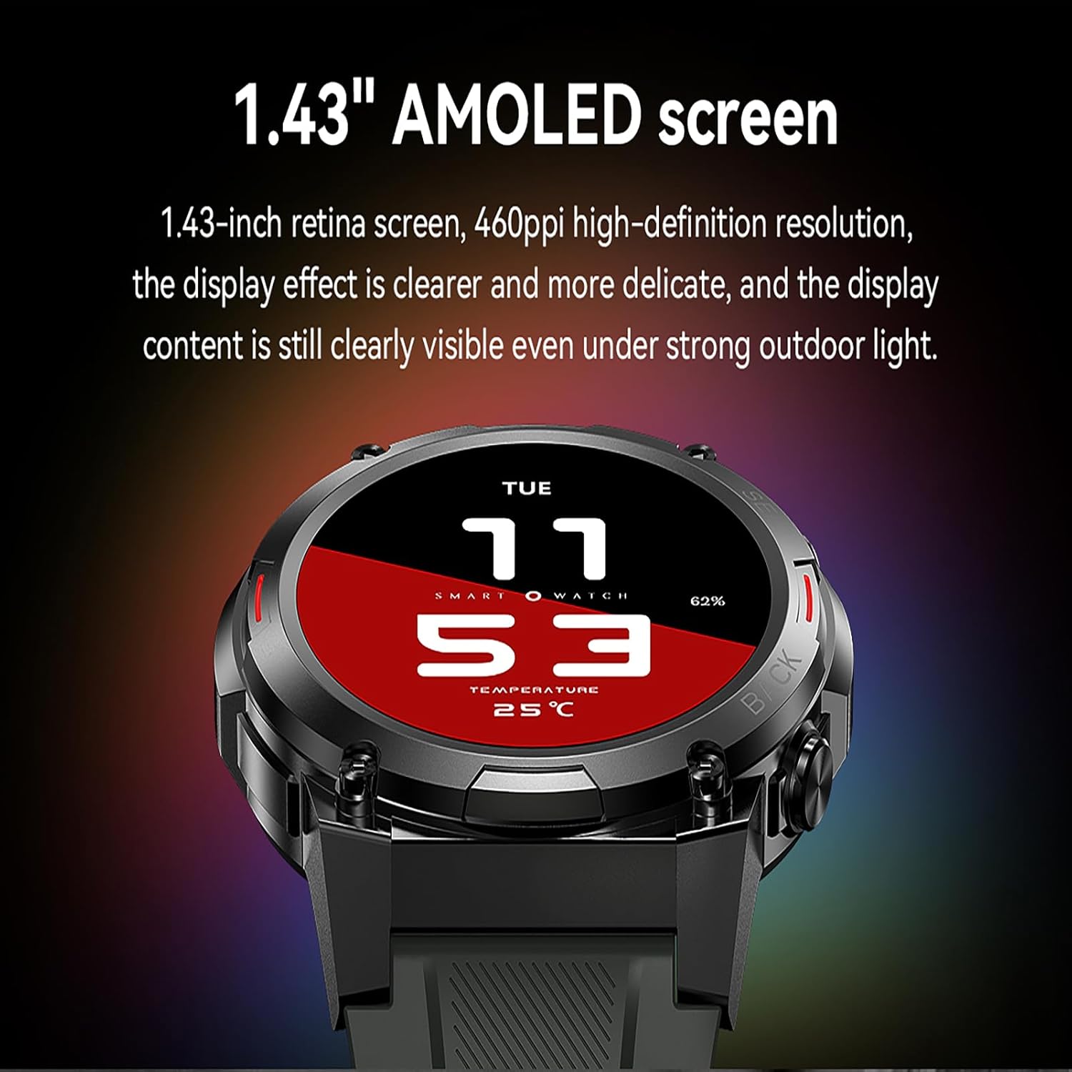 Close-up of the 1.43-inch AMOLED screen of the YERAD Ultra 2 Plus smartwatch, highlighting its high resolution and clarity.