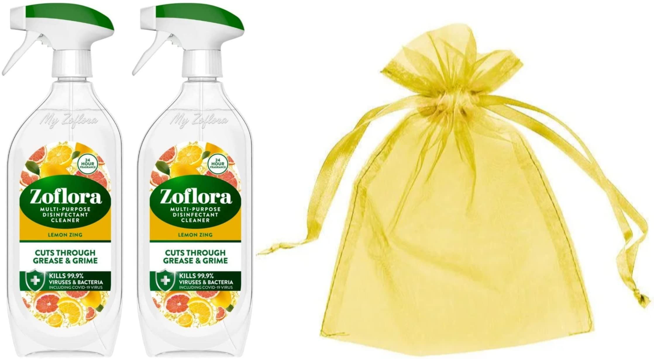 Zoflora Multi Purpose Disinfectant Cleaner Trigger Spray, Cuts Through Grease and Grime, Pack of Two, 2 x 800 ml, Lemon Zing Scent + Our Gift for You - Organza Bag Size 9 x 7 x 0.1 cm
