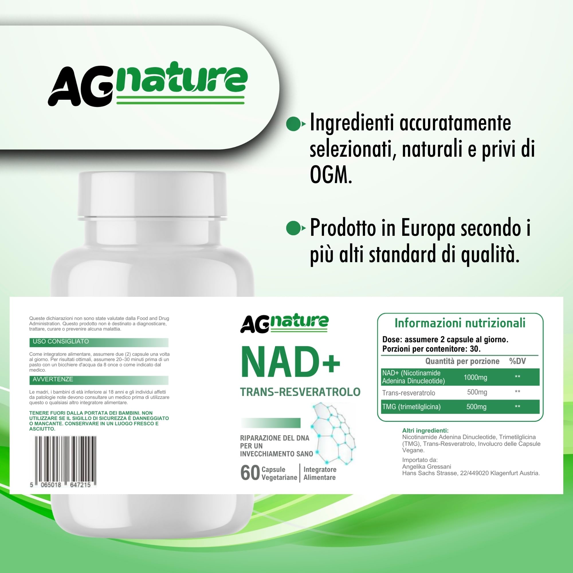 NAD Complément Nicotinamide Pur 60 Gélules 1000 mg - Complexe Anti-Âge et Anti-Fatigue avec Niacine, Trans-Resvératrol et Triméthylglycine