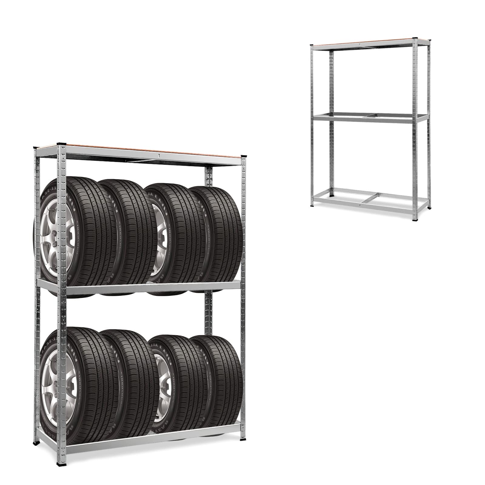 GYMAX Höhenverstellbares Reifenregal für 8 Reifen, mit 3 Ebene, 120 x 40 x 180 cm, aus Metall & MDF-Holz, max. 795 kg belastbar, für Garage Keller Werkstatt, Silbern