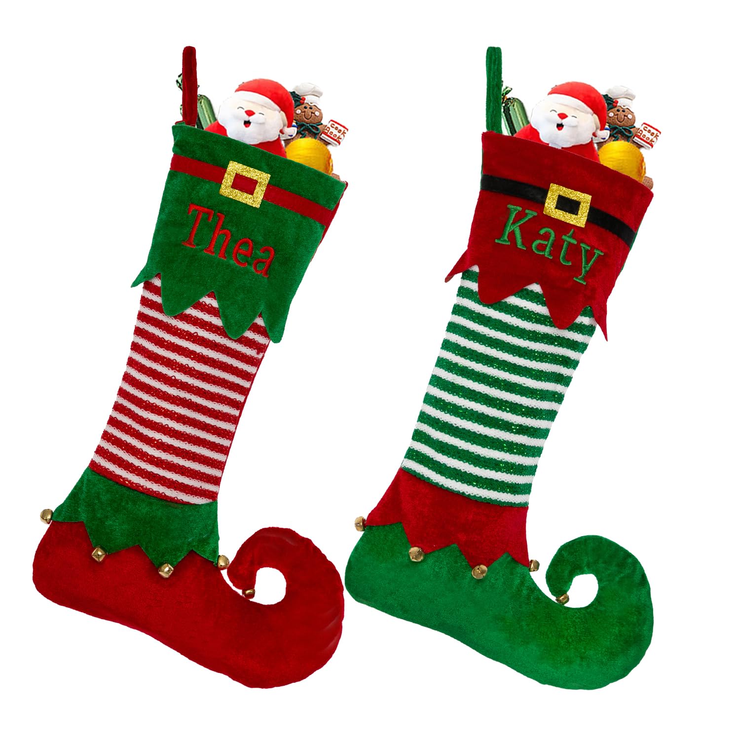 VRFASHION Elf Personalized Christmas Stockings, Custom Embroidered Name Family Xmas Stockings, Large Elf Xmas Stocking with Name, Christmas Tree Family Fireplace Hanging Stocking Decorations 5 Pcs