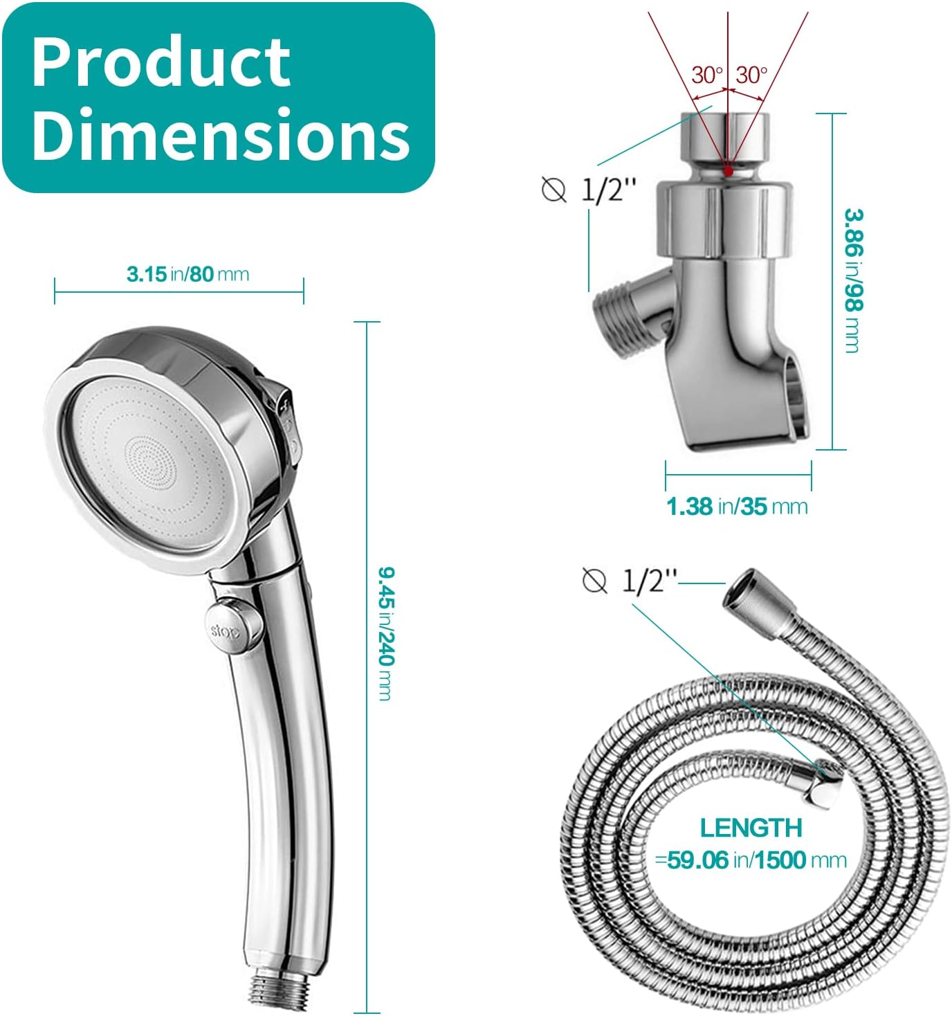 MIAOHUI Modern Handheld Shower Head with On Off Switch, High Pressure Shower Head with Handheld, 3 Spray Settings Removable Shower Head with Hose, Angle Adjustable Shower Bracket, Teflon Tape (Chrome)
