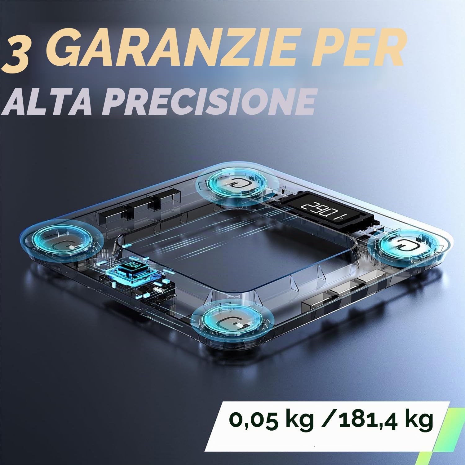 RunStar Bilancia pesapersone e percentuale grasso, Bilancia smart digitale e precisa con ampio display, Analizzatore di 13 dati di composizione corporea, Sync App