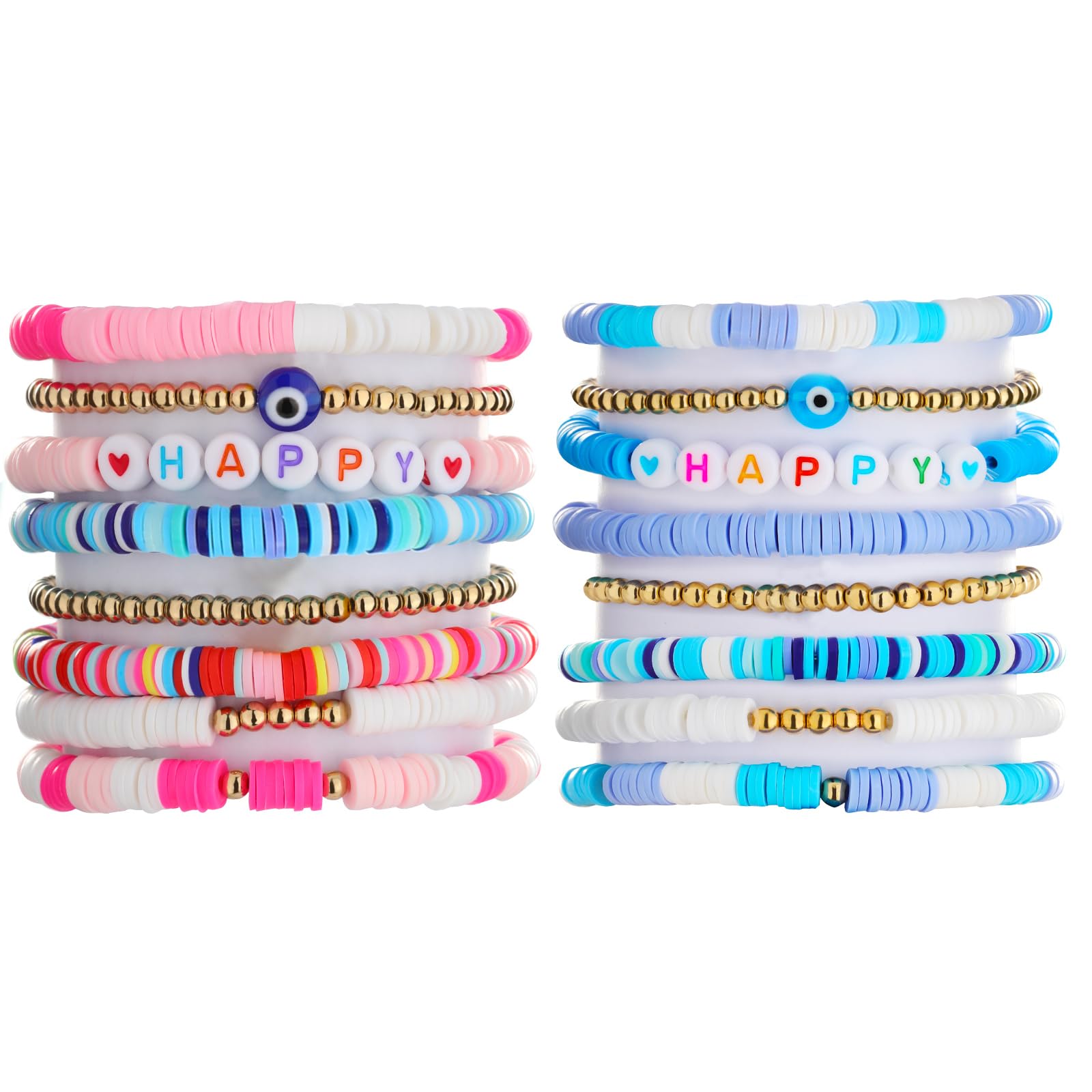 YowivonColorful Friendship Bracelets Set Preppy Flower Heart Star Evil Eye Beaded Pearl Clay Bead Bracelets Summer Beach Boho Layering Bracelets Jewelry for Women