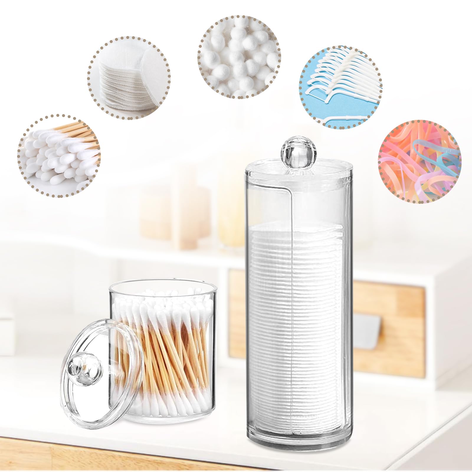 UKOFEW Juego de dispensadores de algodón transparentes para almacenamiento de cosméticos, material de poliestireno, ideal para sala de estar, dormitorio y baño