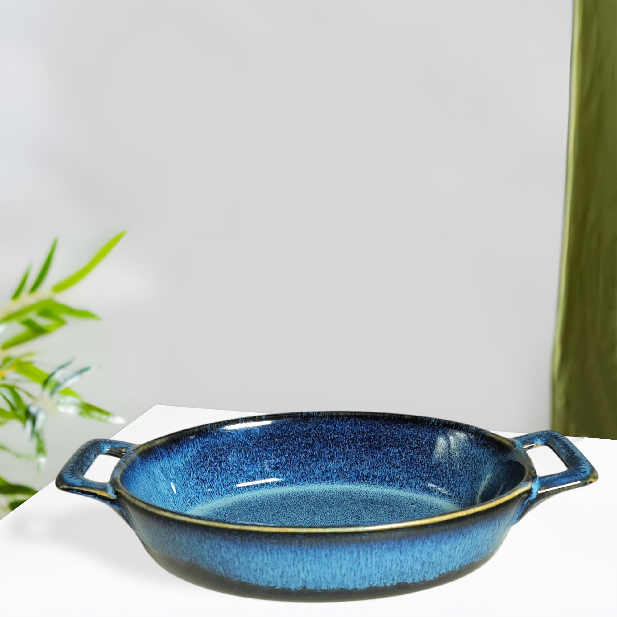 Lemon Tree Oval Ceramic Stoneware Small Serving Dish Bowl with Handle |Bowl for Serving Starters and Snacks |Microwave and Dishwasher Safe (400 ml, Set of 1) Blue