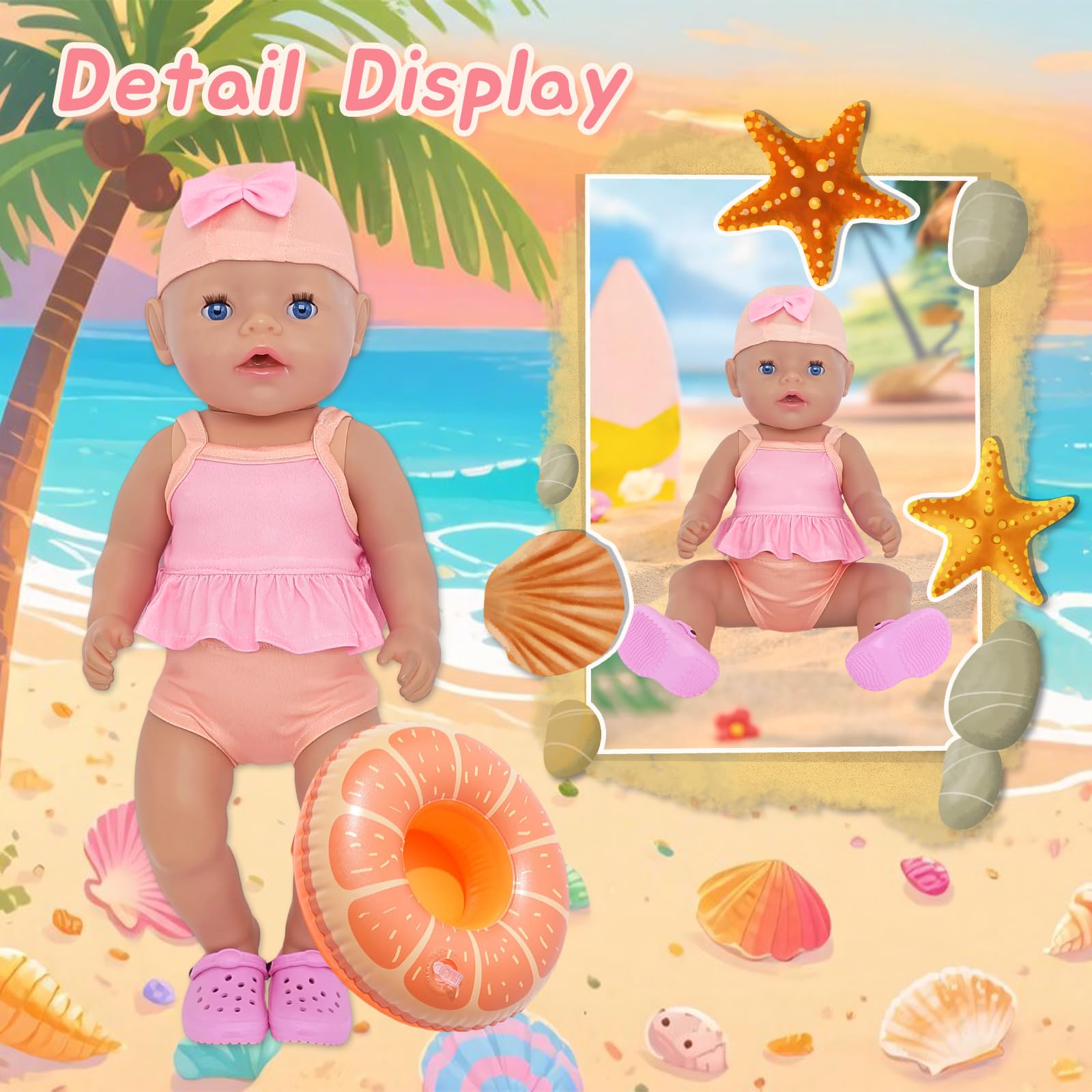 Set da 6 pezzi da nuoto per bambole, abbigliamento estivo per bambole da 14 a 18 pollici, con cuffia da bagno, costume da bagno, anello da nuoto, occhiali da sole, infradito per bambole da 30 – 43 cm