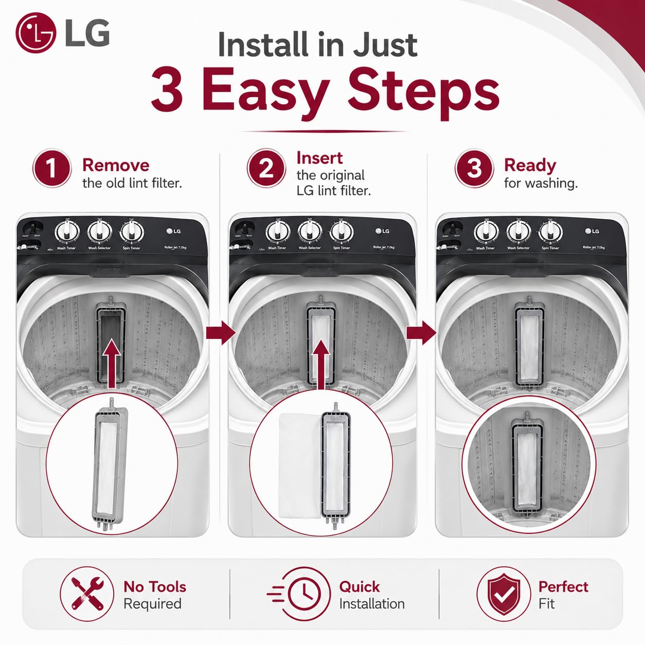 LG Original Fusselfilter für LG Halbautomatische Waschmaschine (5230FW3160G) | Original Staubfilter, Fusselfänger, Abfallsammler, Netz Jali Ersatzteil (1 Stück)