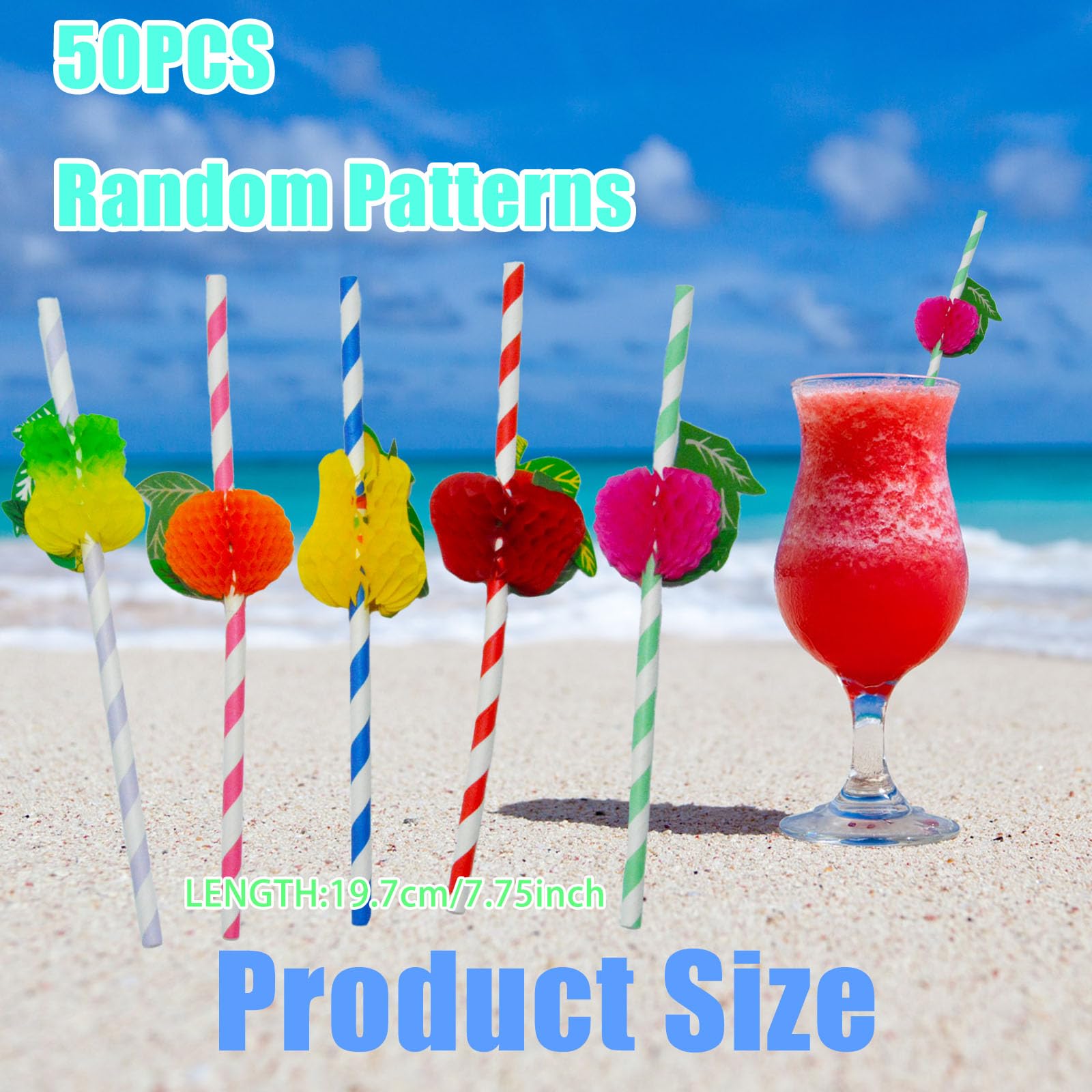 Set de 70 Pajitas 3D Tropicales y de Frutas Hawaianas Para Zumos, Bebidas Frías, Cócteles, Fiestas en la Playa, Cumpleaños