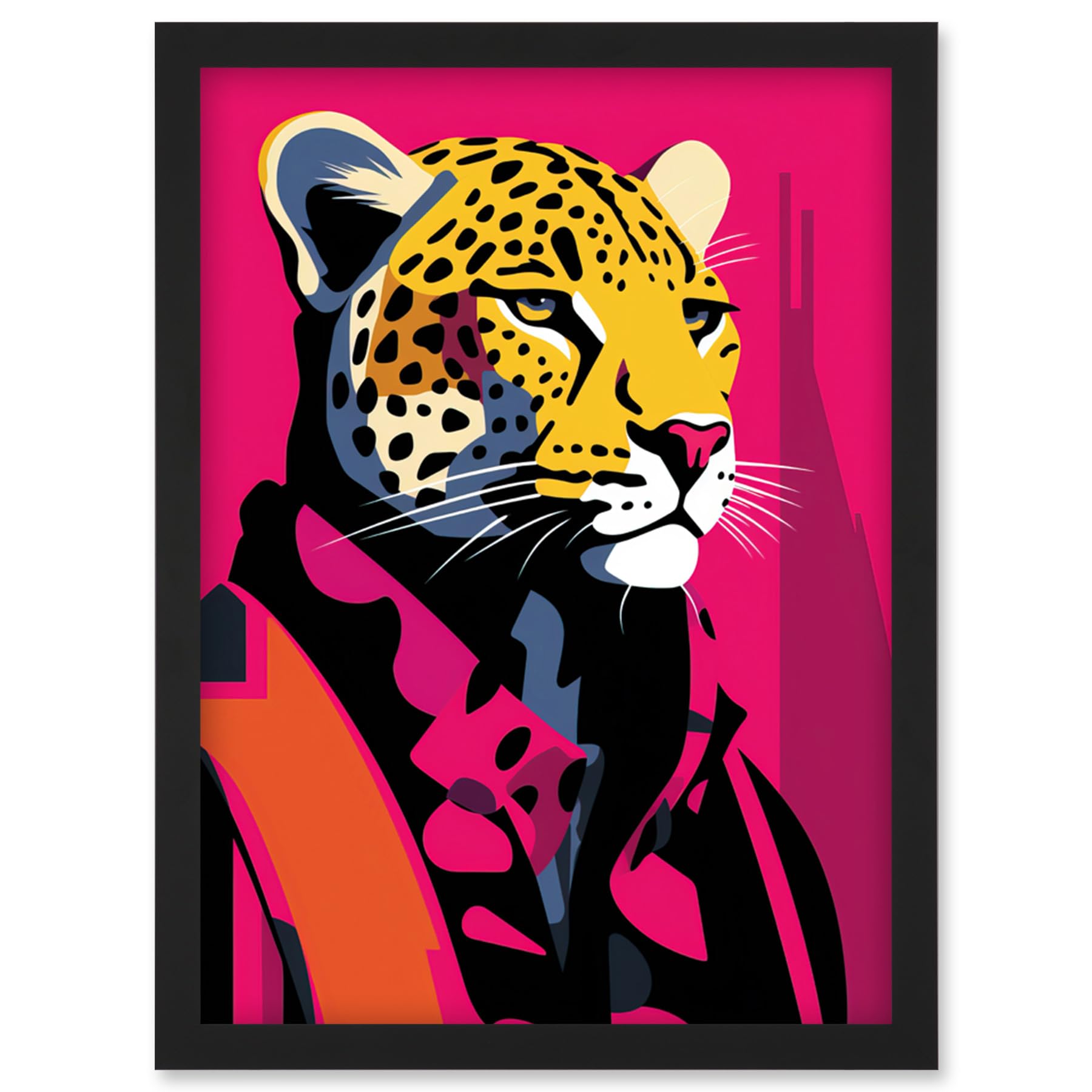 Artery8 Strong Leopard in Suit Bold Artwork Orange Pop Art Hot Pink Vibrant Portrait Artwork Framed Wall Art Print A4
