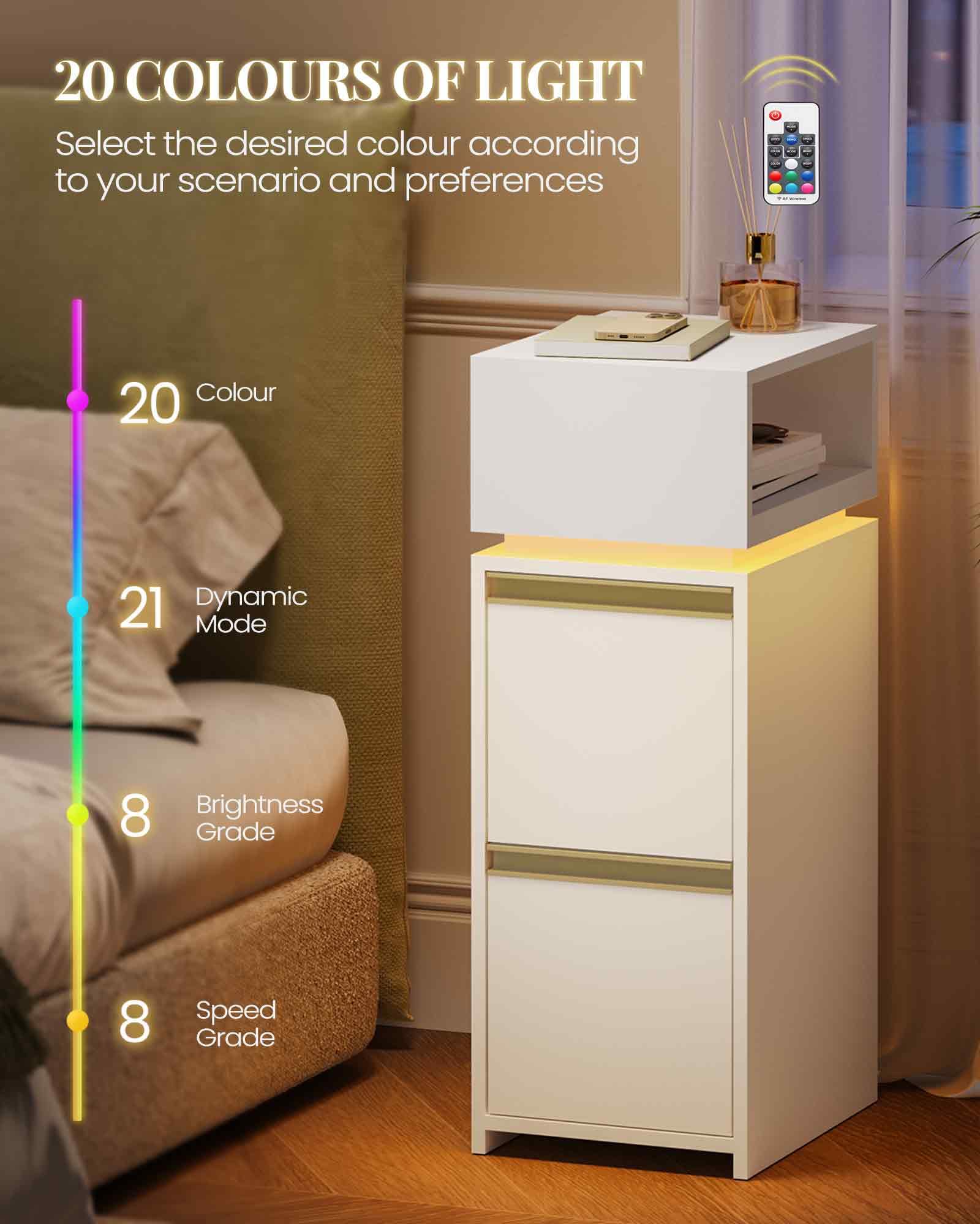 HEXCELEN Comodino Stretto, Set di 2, Comodino con Luce LED, Tavolino con 2 Cassetti e 1 Spazio Aperto, Mobile Salvaspazio per Camera da Letto, per Camera da Letto, Soggiorno, Moderno, Bianco