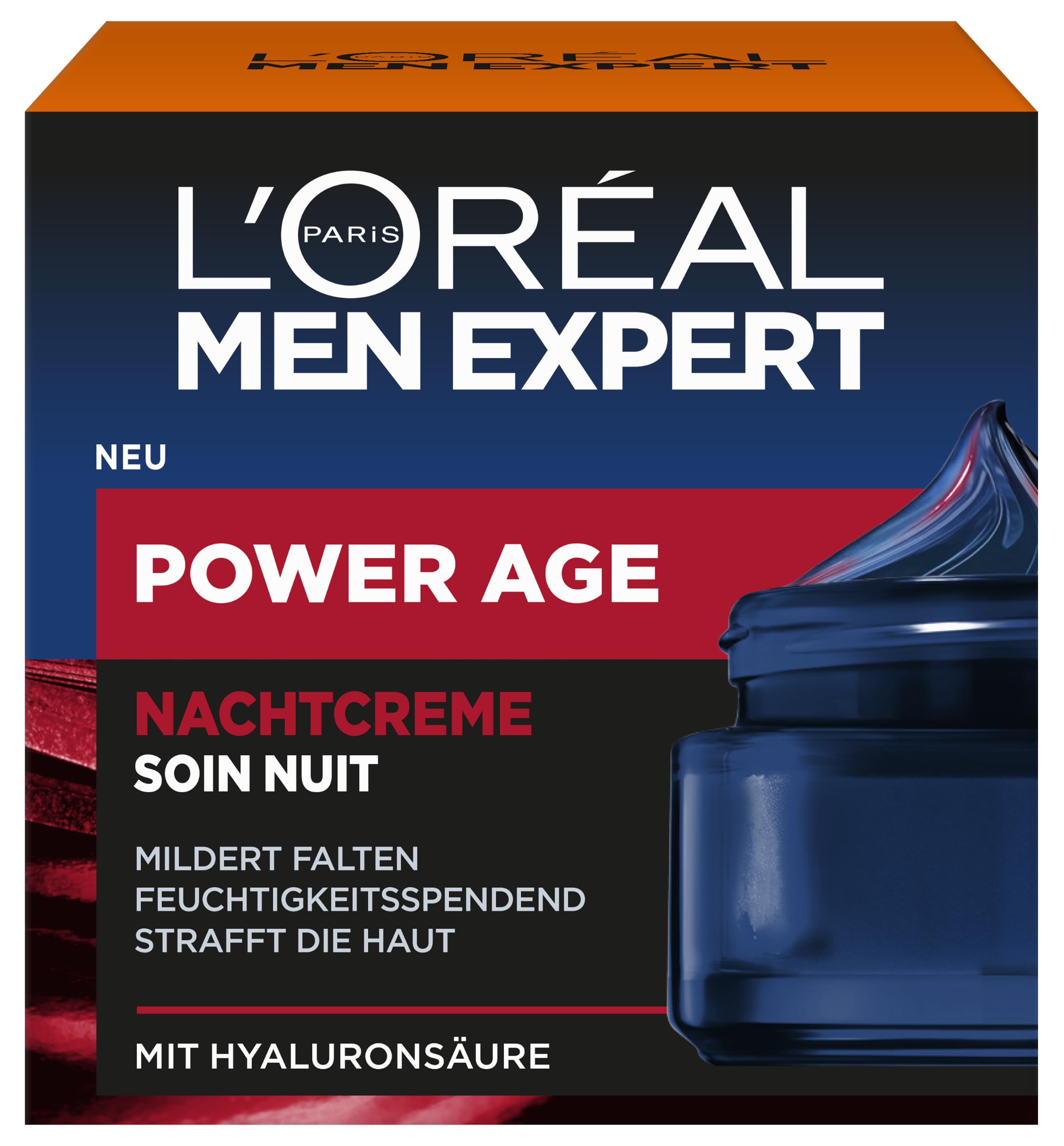 L'Oréal Men Expert Nachtcreme gegen Falten für Männer, Anti-Aging Feuchtigkeitscreme für das Gesicht gegen müde und matte Haut, Gesichtscreme für Herren mit Hyaluronsäure, Power Age, 1 x 50 ml