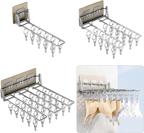 Miniatura 3 de Colgador montado en la pared para balcón, estante de secado de ropa plegable de acero inoxidable, organizador de clip de almacenamiento para ropa