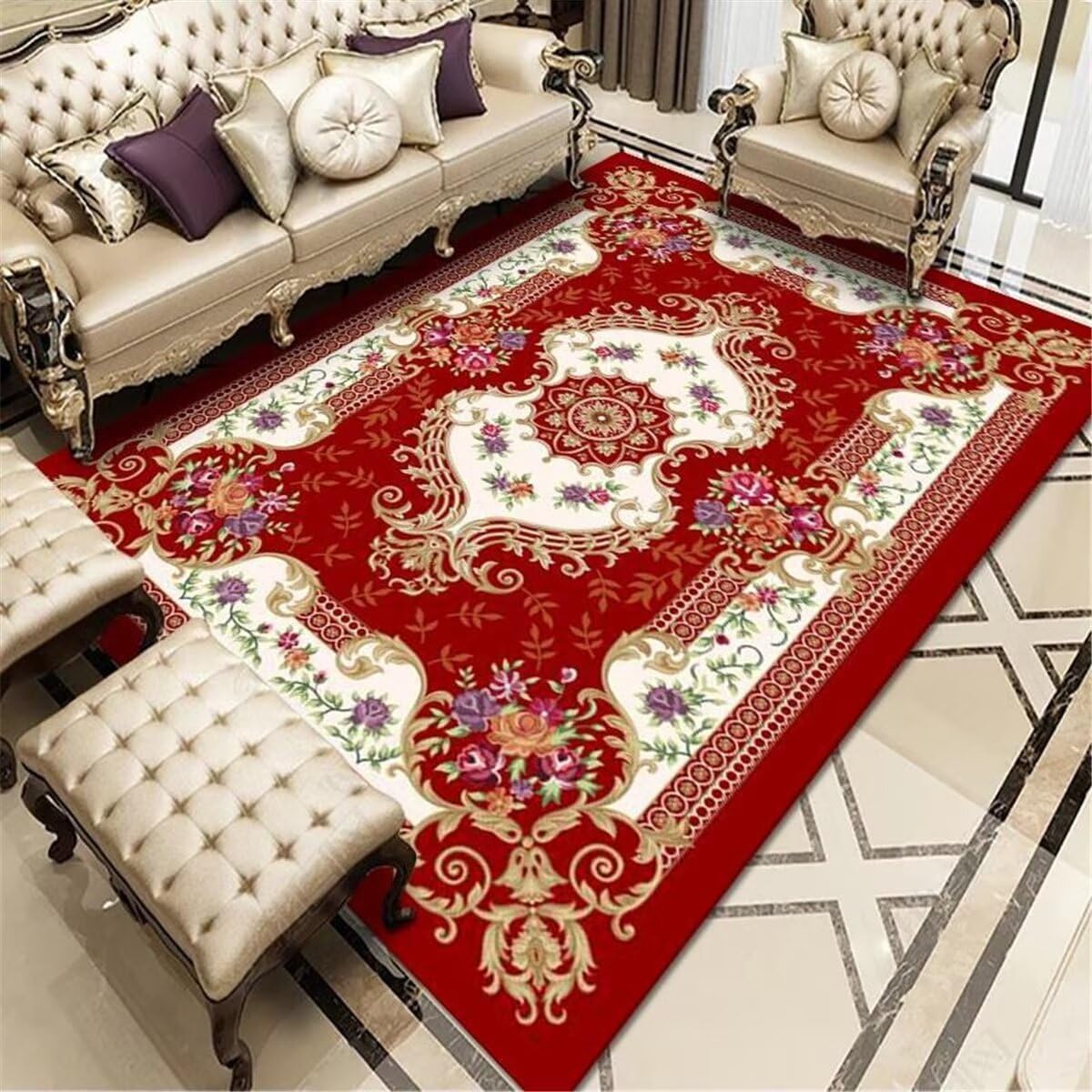 Tapis traditionnel de salon classique rouge à poil ras robuste 80x120